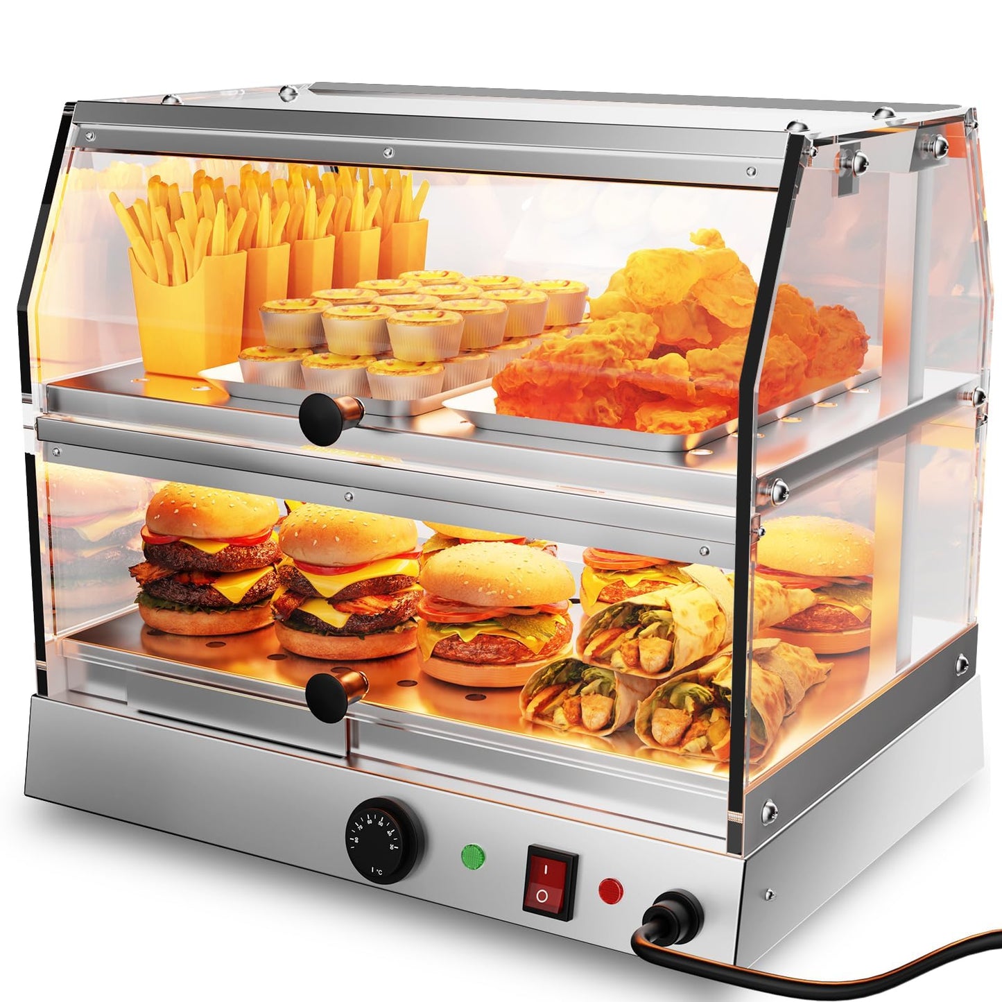 TAIMIKO Commercial Food Warmer Cabinet Warmer Display Case Stainless Steel 2 Tiers Pizza Warmer Hot Food Display Pastry Warmer Countertop Heated Warming Showcase Pastry Patty Restaurant