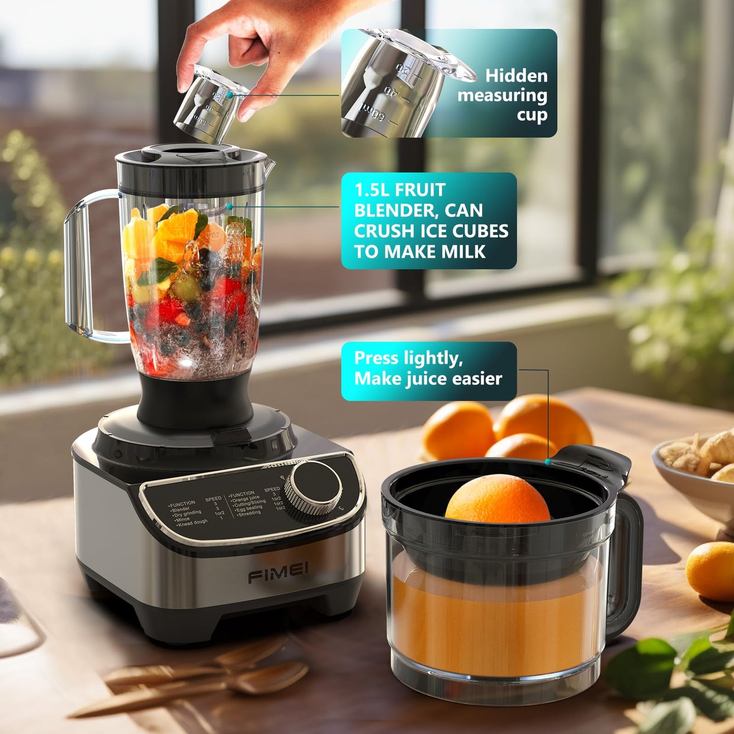 FIMEI Multifunctional Food Processor 1300W, 3 Speeds and Pulse Function, 3.5L Chopper, 1.5L Blender, Grinder, Citrus Juicer, Dough Hook, Whisk, Shredder, Reversible Slicer, Triple Lock Protection