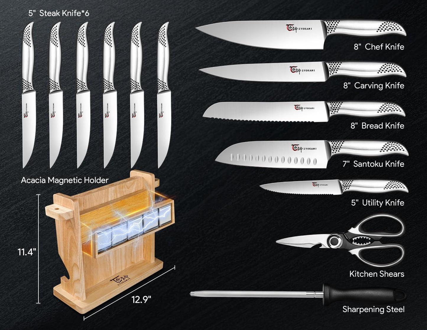 Kitchen Knife Set, Japanese Sharp Chef Knife Sets with Magnetic Holder, 14 Piece Professional High Carbon Stainless Steel Knives Block Sets with Sharpener, Ergonomic Handle, Shears, Black Dot