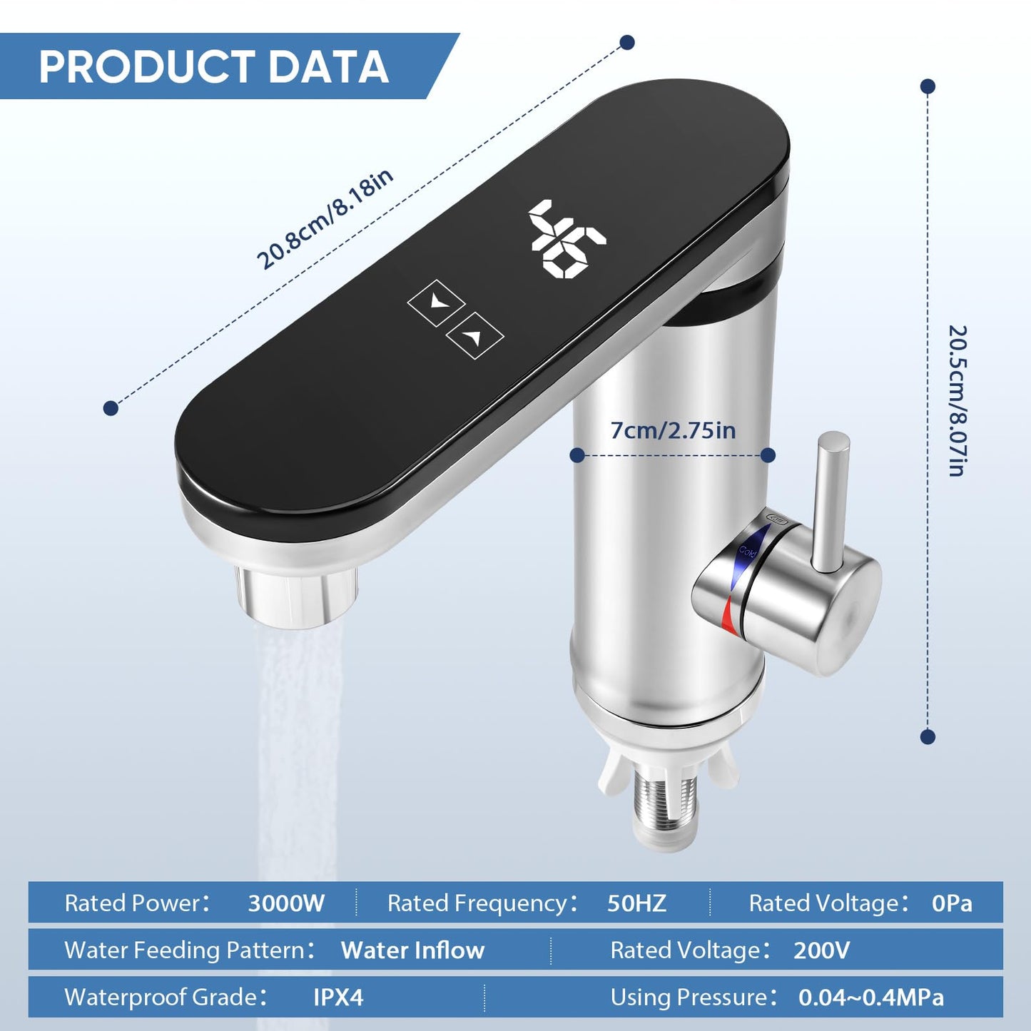 220V 3000W Touch Screen Instant Hot Water Tap, 3 Second Fast Heating Water Heater Tap with Digital Display, Stainless Steel Electric Hot/Cold Mixer Electric Faucet for Sink, 120 Degree Swivel Spout