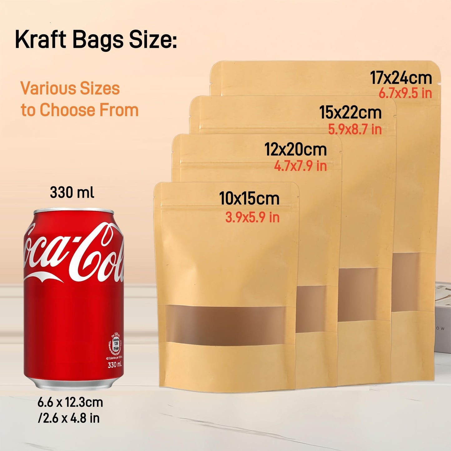 50Pcs Kraft Bags with Window,Resealable Brown Kraft Paper Bags,Durable Food Packaging Bag for Nuts, Sweets,Coffee Beans,Dried Fruit (Brown, 15x22cm - 50pcs)