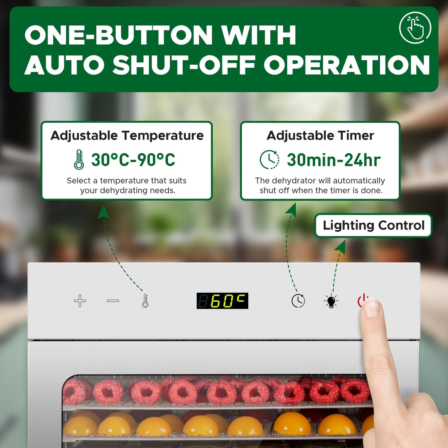 Kwasyo Stainless Steel Food Dehydrator, 8 Tray Fruit Dryer Machine with Free Recipe Book, BPA-Free, 30~90℃ Temperature Setting, Max 24h, Dehydrator Food Dryer UK for Vegetables, Meats
