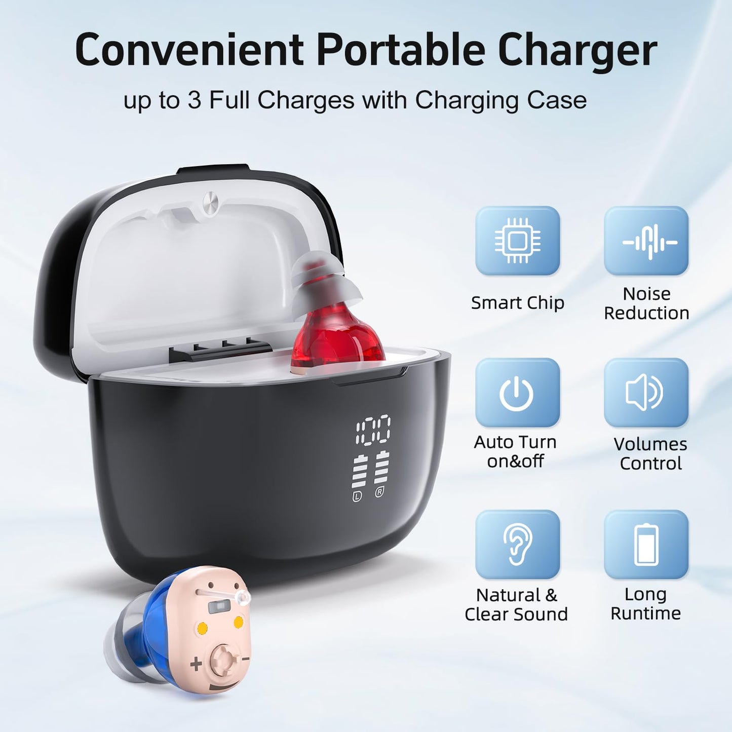 Sound Device with Charging Case- Auto Turn on/Off & Noise Cancellation Function,Clear Sound & Adjustable Volumes