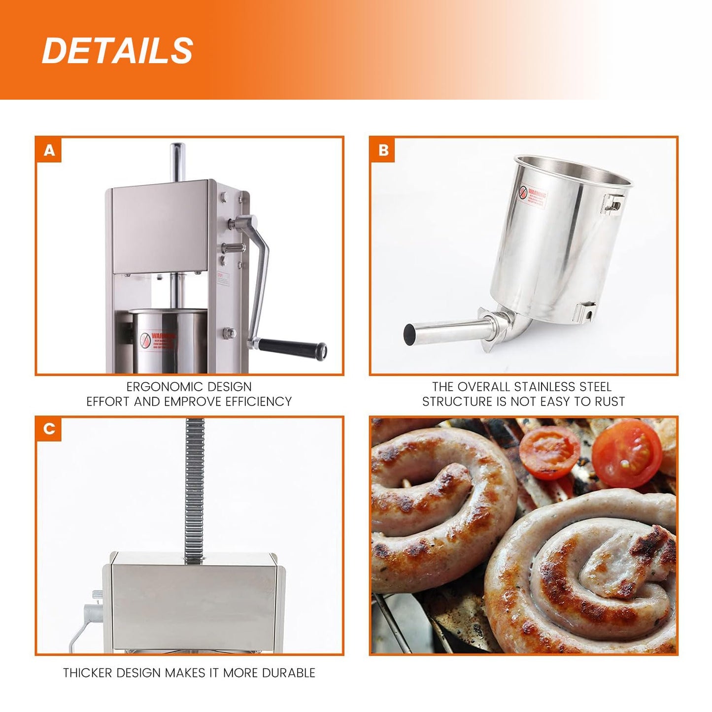 Hakka 3L/7LB Sausage Stuffer, Manual Sausage Maker Machine Filler Meat Stuffer 2 Speed Stainless Steel All Coverage Vertical Sausage Roll Making Machine with 4 S/S Filling Funnels