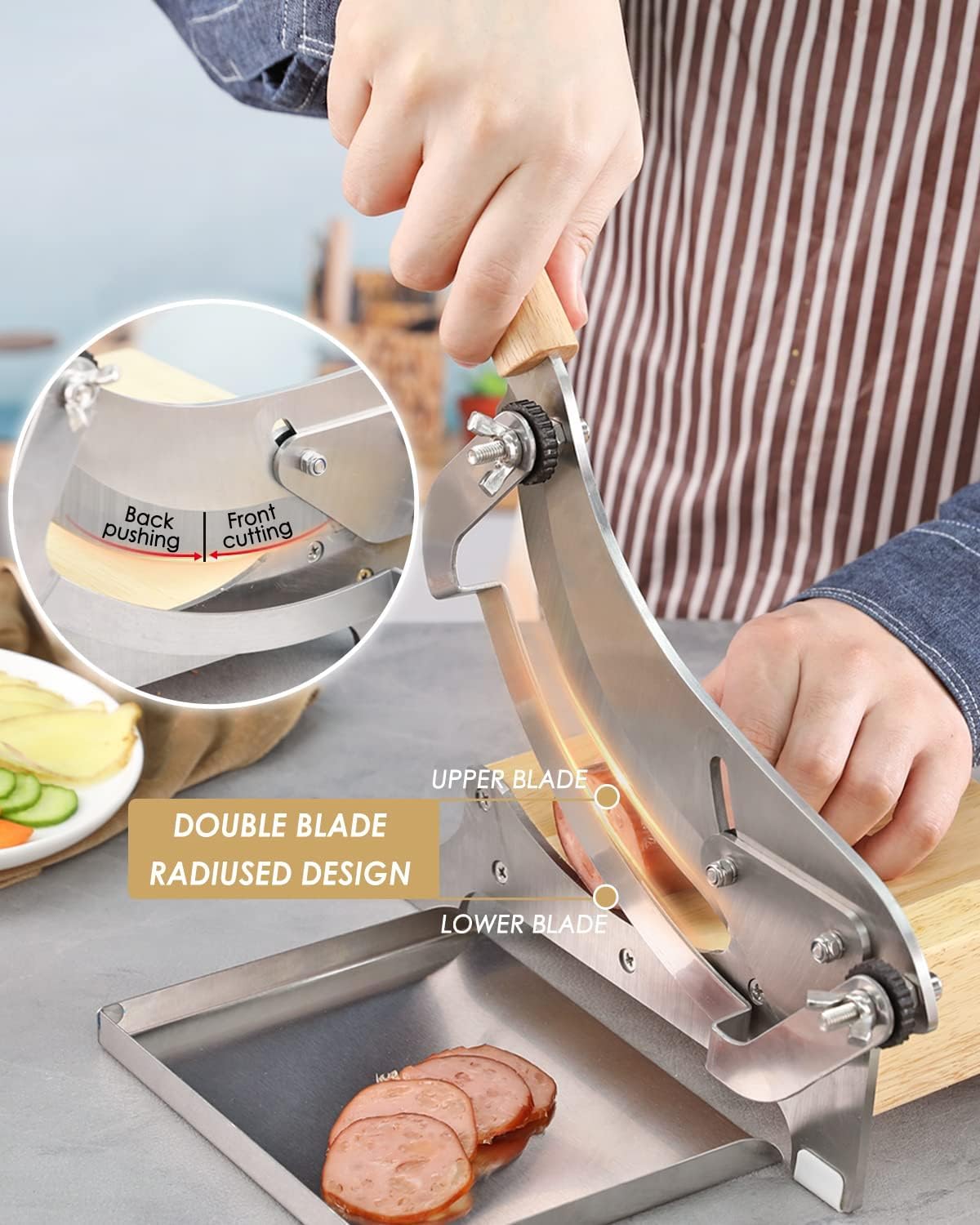 Moongiantgo Biltong Slicer Manual Chinese Medicine Slicer Radiused Beef Jerky Cutter,0-0.5" Adjustable Thickness with Wooden Base Herb Root Cutting Machine for Ginseng Antler Gastrodiae Maca (KD0281)
