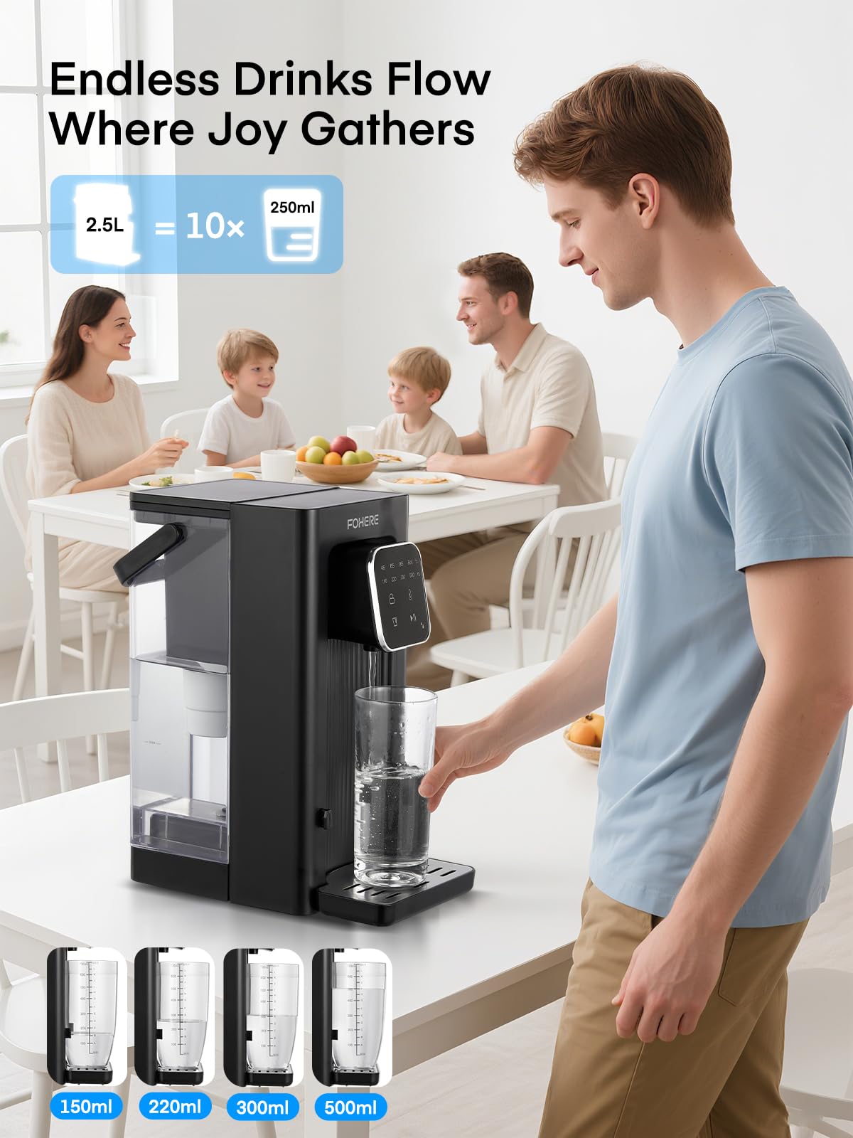 Instant Hot Water Dispenser, 4 Temp Settings (45°C-100°C),4 Volume Options(150ml-500ml), Digital Touch Screen One Cup Kettl, 2.5L Removable Tank, Safety Lock, for Hot Drinks and Tea