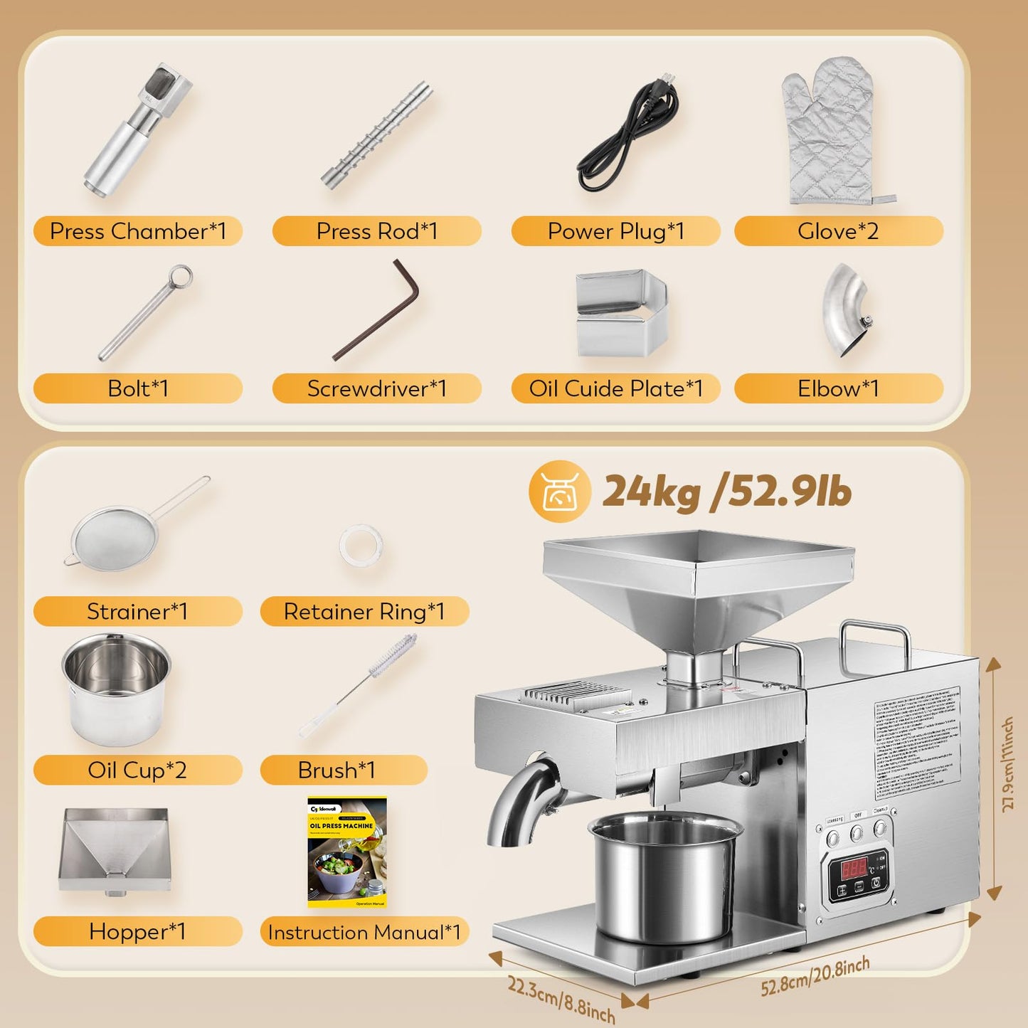 CGOLDENWALL 3000W Commercial Oil Press Machine Oil Extractor Expeller with Intelligent Temperature Controller/Industrial Motor/All Stainless Steel (3000W)