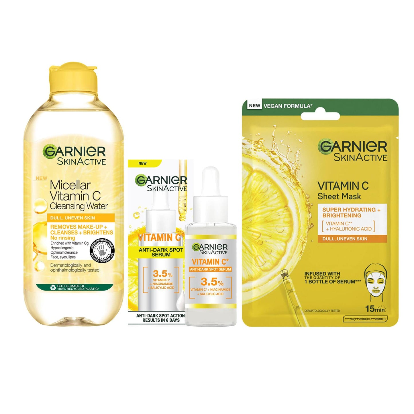 Garnier Vitamin C Brightening Essentials Set, Micellar Water, Serum and Sheet Mask, With Vitamin C and Lemon Extract For Bright Glowing Skin, SkinActive, 3 Pieces