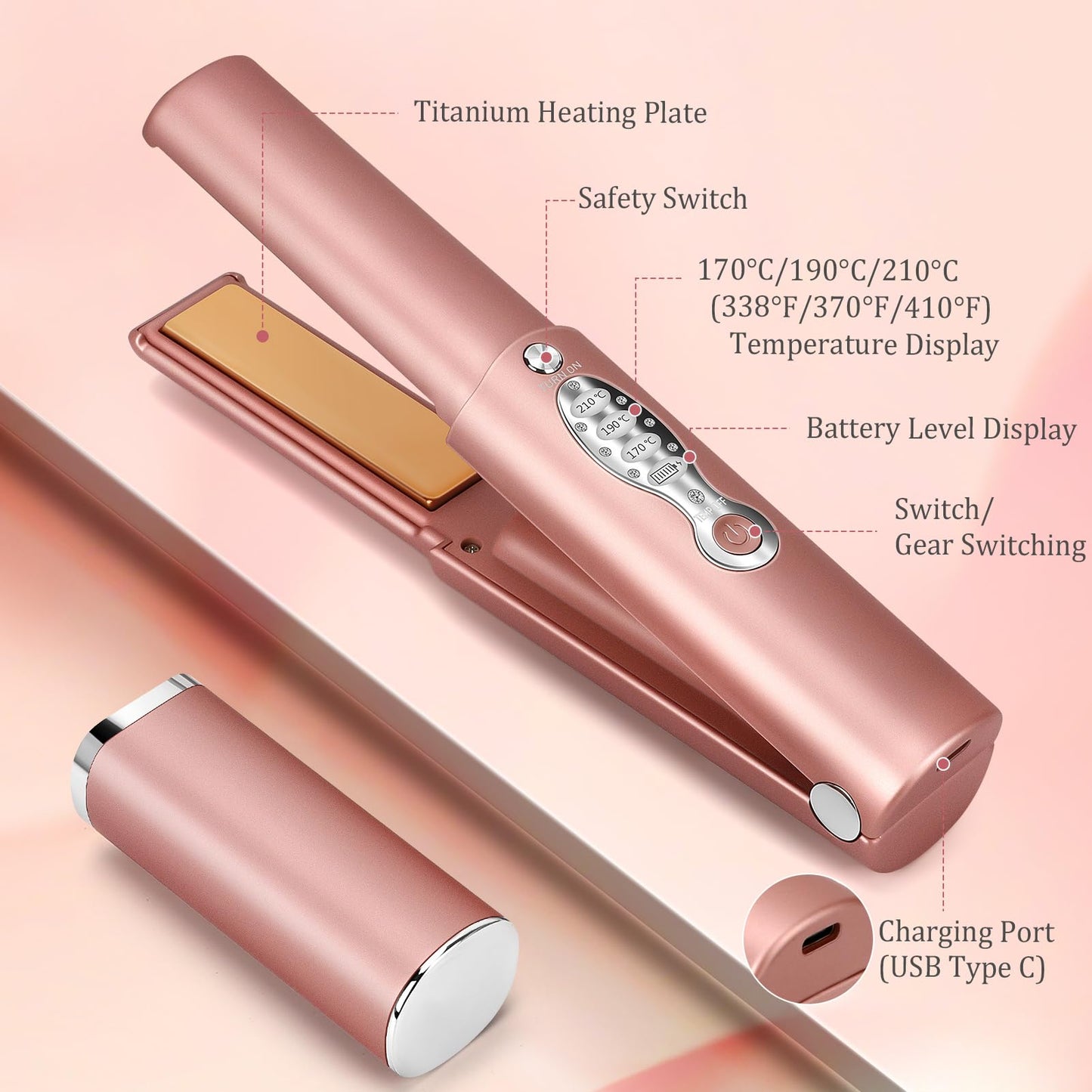 Cordless Titanium Hair Straightener and Curler w Cover, Portable USB Rechargeable Fast Heat Up Flat Iron Travel Size with 5V/5000mAh Battery, Anti-Scald 3-Level for Smooth, Swift and Glossy Hair(Pink