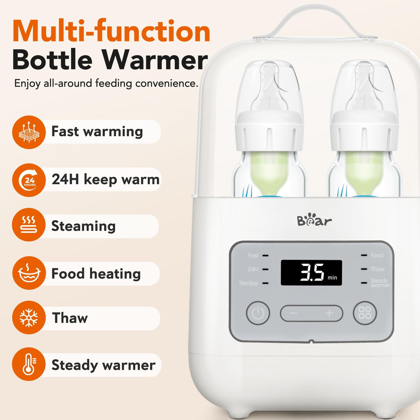 Bear Bottle Warmer, Baby Double Bottle Sterilizer with Digital Display and Temperature Control in Minutes, Portable Mam Bottle Warmer for Breastmilk or Formula for Travel and Home Use