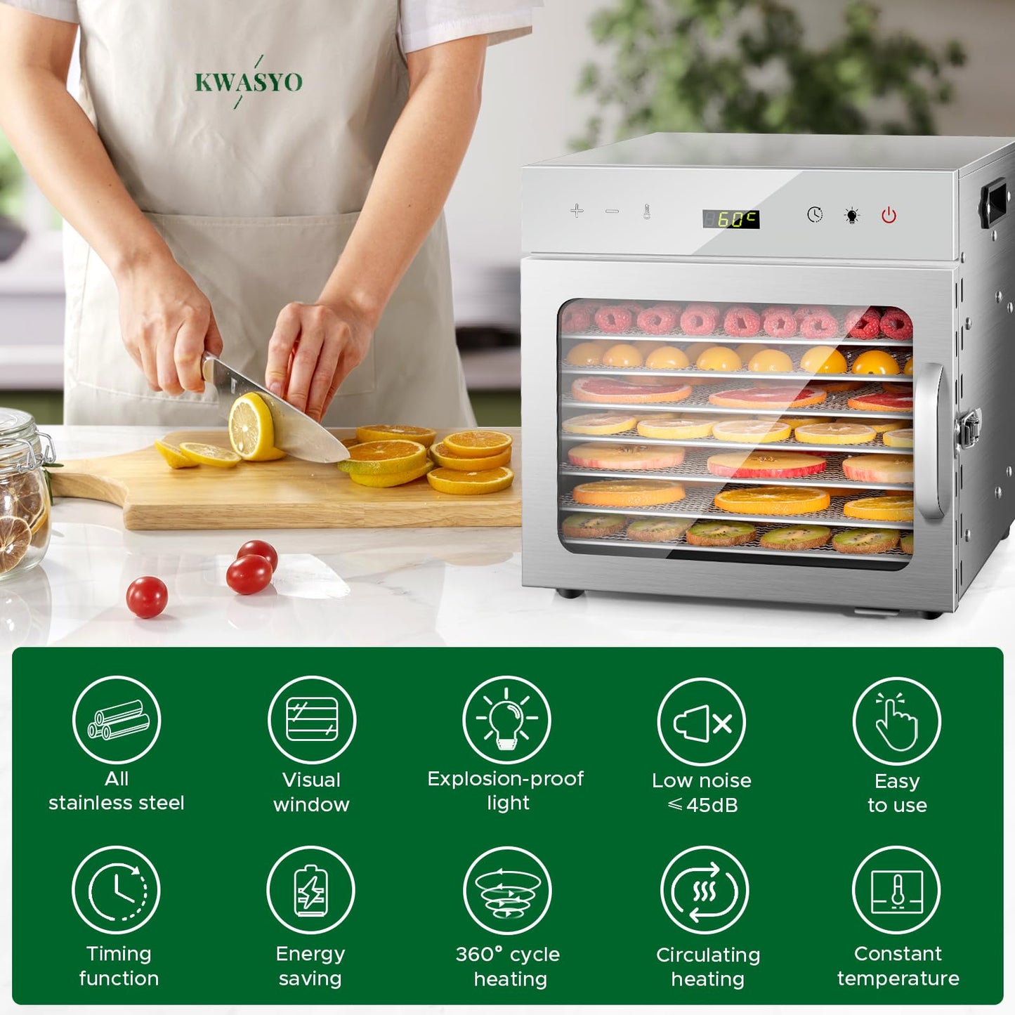 Kwasyo Stainless Steel Food Dehydrator, 8 Tray Fruit Dryer Machine with Free Recipe Book, BPA-Free, 30~90℃ Temperature Setting, Max 24h, Dehydrator Food Dryer UK for Vegetables, Meats