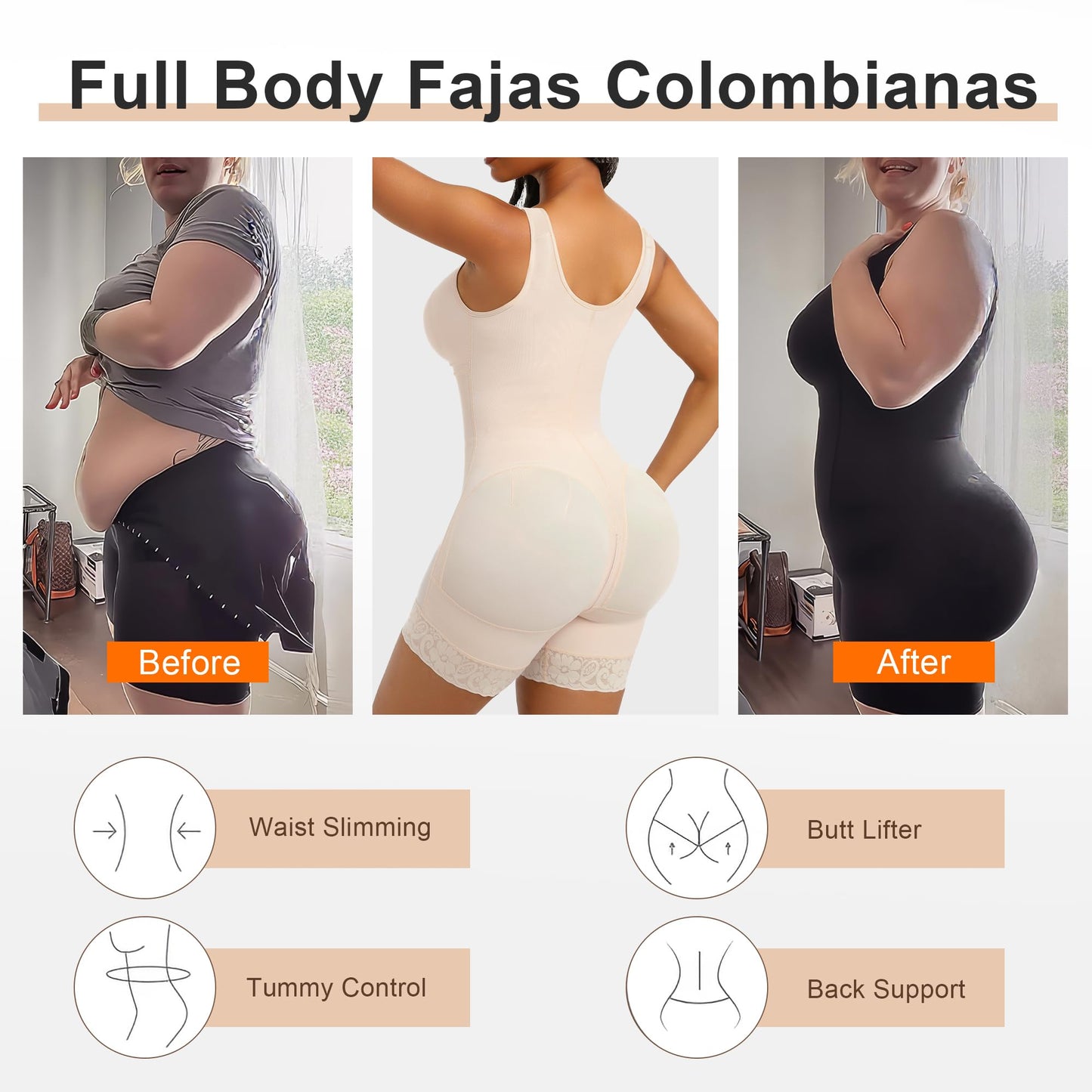 SHAPERX Fajas Colombianas Tummy Control Bodysuit Butt Lifting Shapewear for Women Sculpting Shorts Postpartum Girdle Support, UK-SZ7302-Beige-L