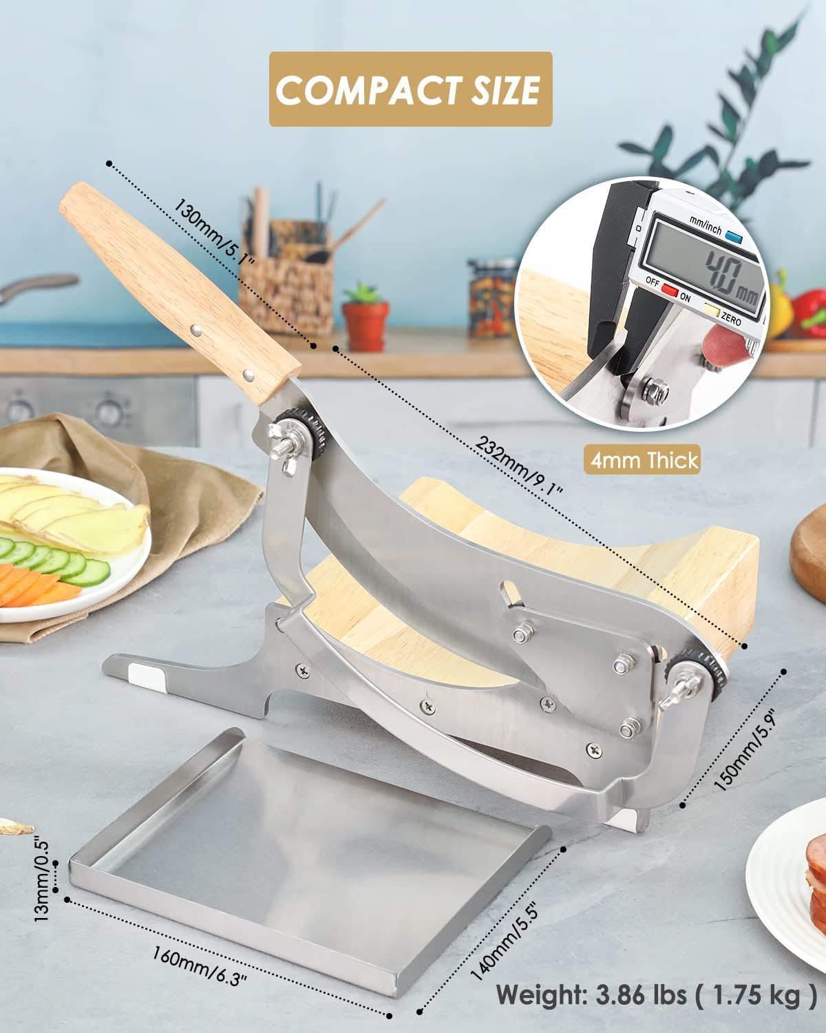 Moongiantgo Biltong Slicer Manual Chinese Medicine Slicer Radiused Beef Jerky Cutter,0-0.5" Adjustable Thickness with Wooden Base Herb Root Cutting Machine for Ginseng Antler Gastrodiae Maca (KD0281)