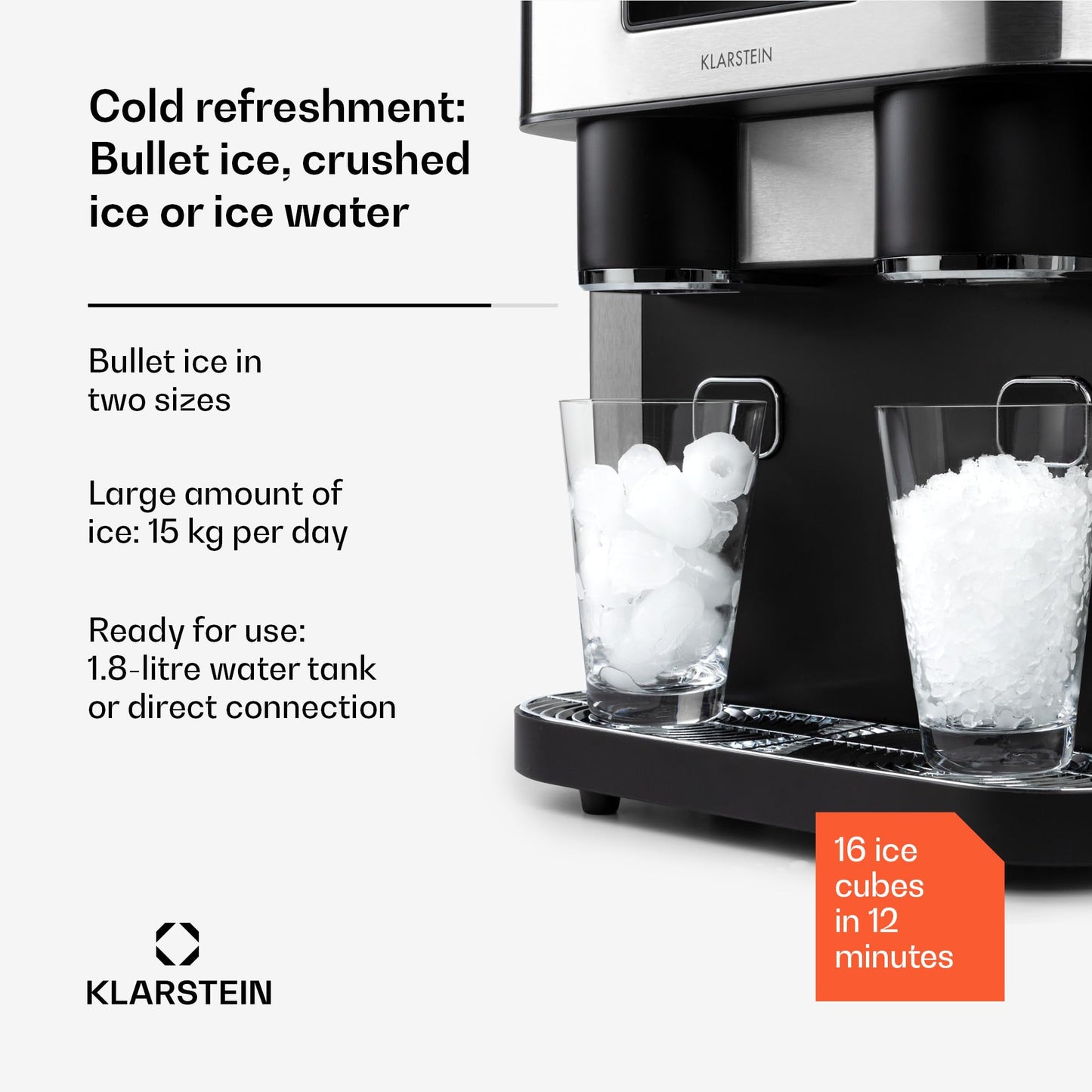 Klarstein 1.8L Small Ice Maker Machine, Counter Top Ice Machine For Home and Kitchen, Fast Operation, 15 kg of Crushed and Bullet Ice, Touch Controls, Easy To Clean Countertop Ice Cube Maker Machine