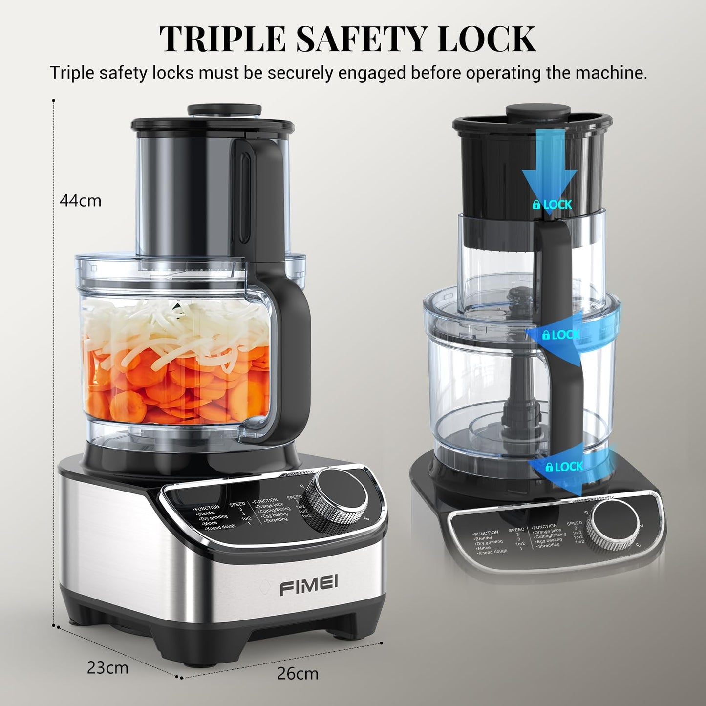 FIMEI Multifunctional Food Processor 1300W, 3 Speeds and Pulse Function, 3.5L Chopper, 1.5L Blender, Grinder, Citrus Juicer, Dough Hook, Whisk, Shredder, Reversible Slicer, Triple Lock Protection