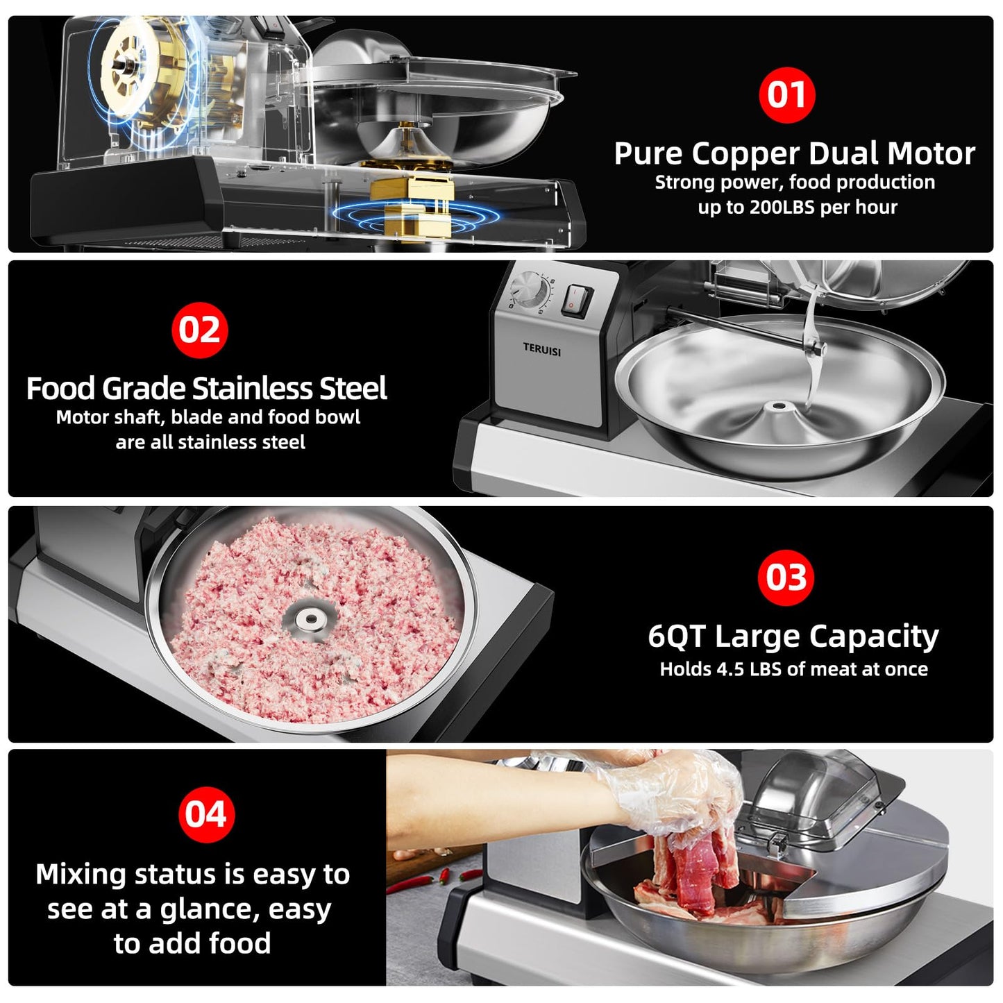 TERUISI Commercial Food Processor, 250W Heavy Duty Electric Meat Grinders with 1500RPM Blade Speed, 6QT Stainless Steel Food Bowl and 0-15 Mins Timer, Commercial Vegetable Chopper Food Mixer Machine
