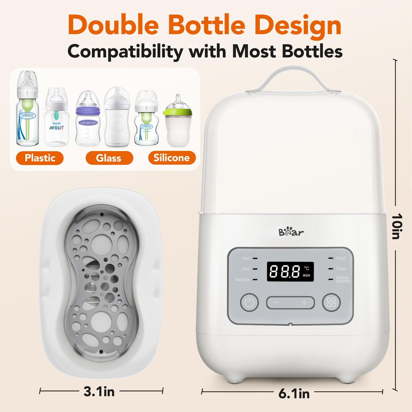 Bear Bottle Warmer, Baby Double Bottle Sterilizer with Digital Display and Temperature Control in Minutes, Portable Mam Bottle Warmer for Breastmilk or Formula for Travel and Home Use