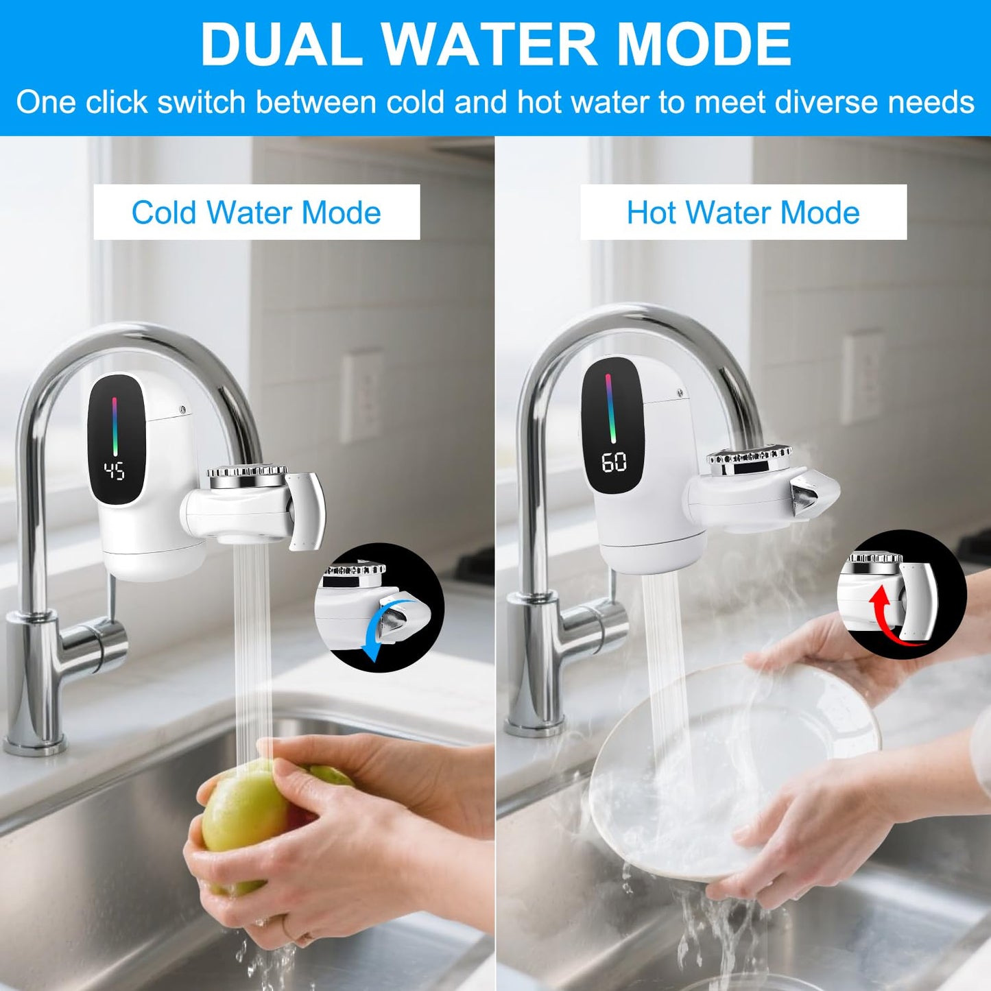 Instant Hot Water Tap, 3-Sec Fast Electric Hot Water Tap, 220V 3400W Instant Hot Self Heating Tap Adapter, Hot and Cold Water Dual Use with LED Digital Display for Kitchen Bathroom, UK Plug
