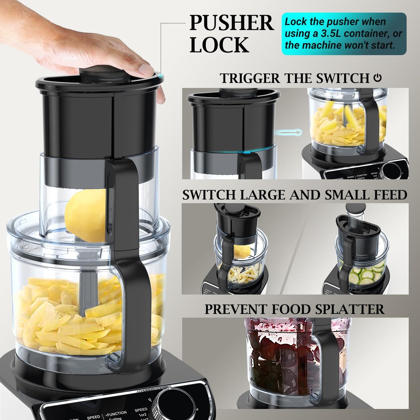 FIMEI Multifunctional Food Processor 1300W, 3 Speeds and Pulse Function, 3.5L Chopper, 1.5L Blender, Grinder, Citrus Juicer, Dough Hook, Whisk, Shredder, Reversible Slicer, Triple Lock Protection