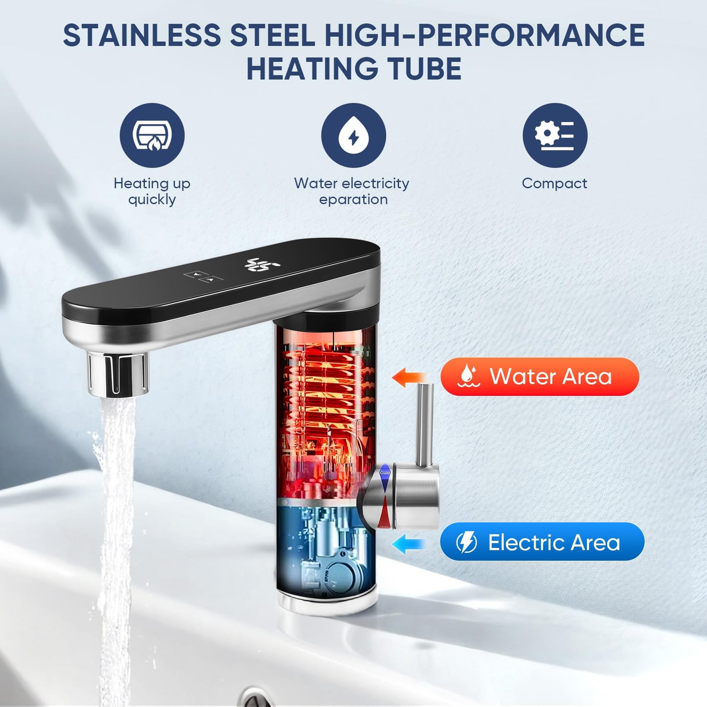 220V 3000W Touch Screen Instant Hot Water Tap, 3 Second Fast Heating Water Heater Tap with Digital Display, Stainless Steel Electric Hot/Cold Mixer Electric Faucet for Sink, 120 Degree Swivel Spout