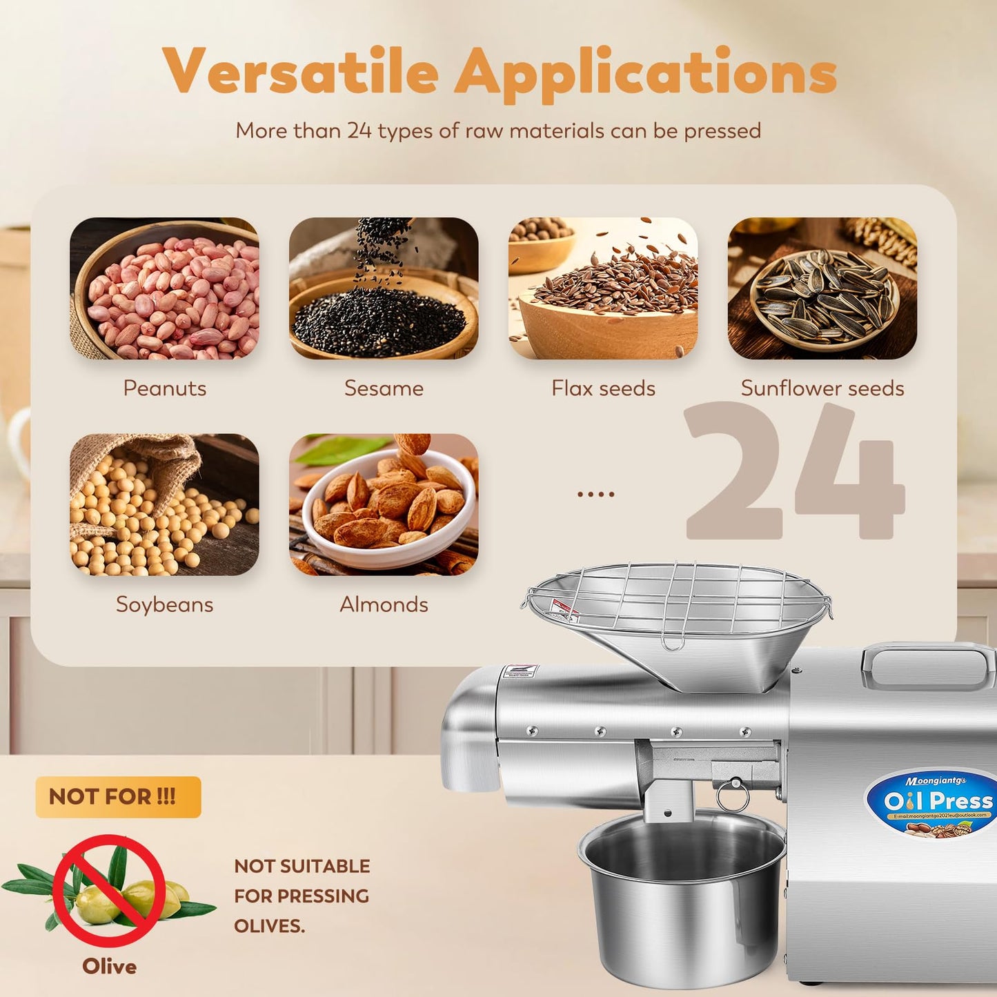 Moongiantgo 1800w Intelligent Oil Press Machine, Cold/Hot Stainless Steel Organic Oil Expeller with Smart Temperature Control, Extended Rod, Low Noise for Peanut, Walnut, Sesame(No Olive), 13-19lbs/H
