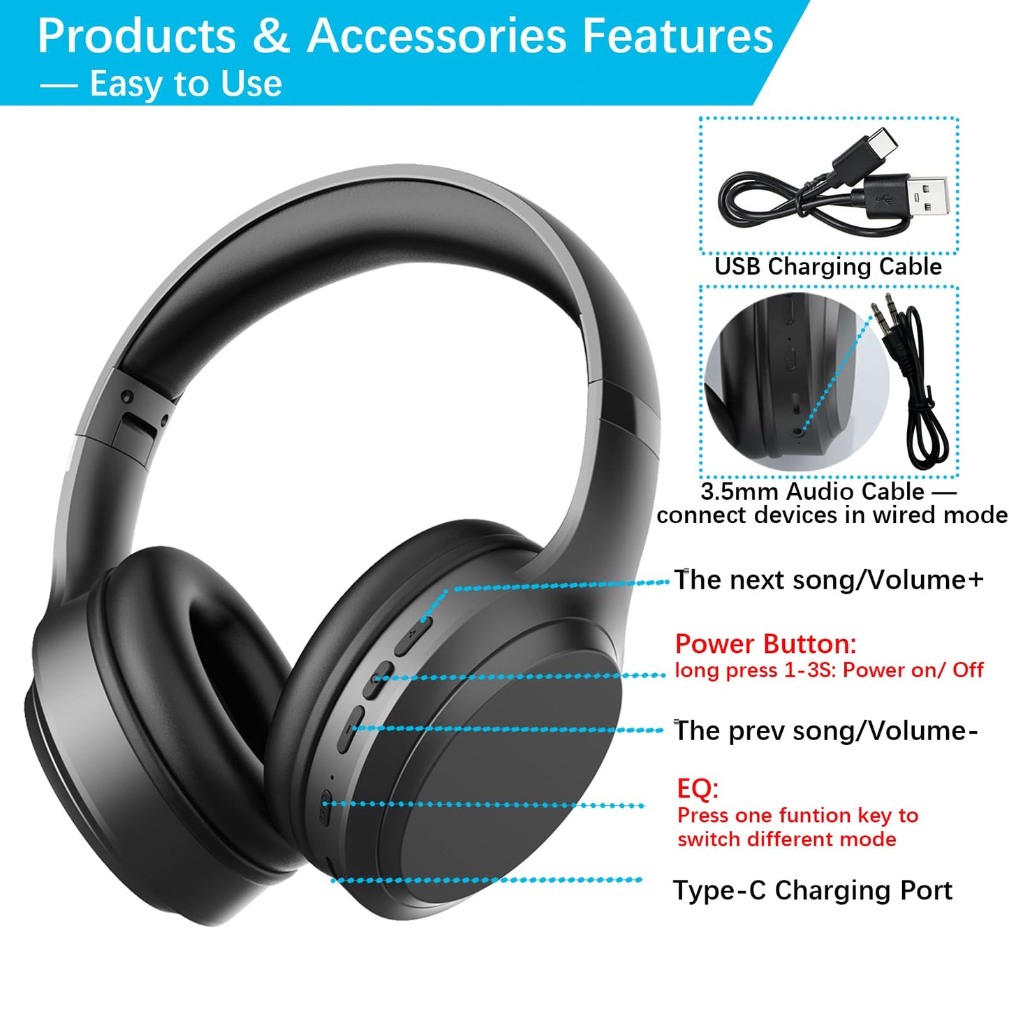 MOXYOY Bluetooth Headphones Over Ear, 82H Playtime, 3EQ Hi-Fi Sound Modes, Foldable Wireless Headphones, Lightweight Over Ear Headphones with Microphone for PC/Travel/Gaming/Office