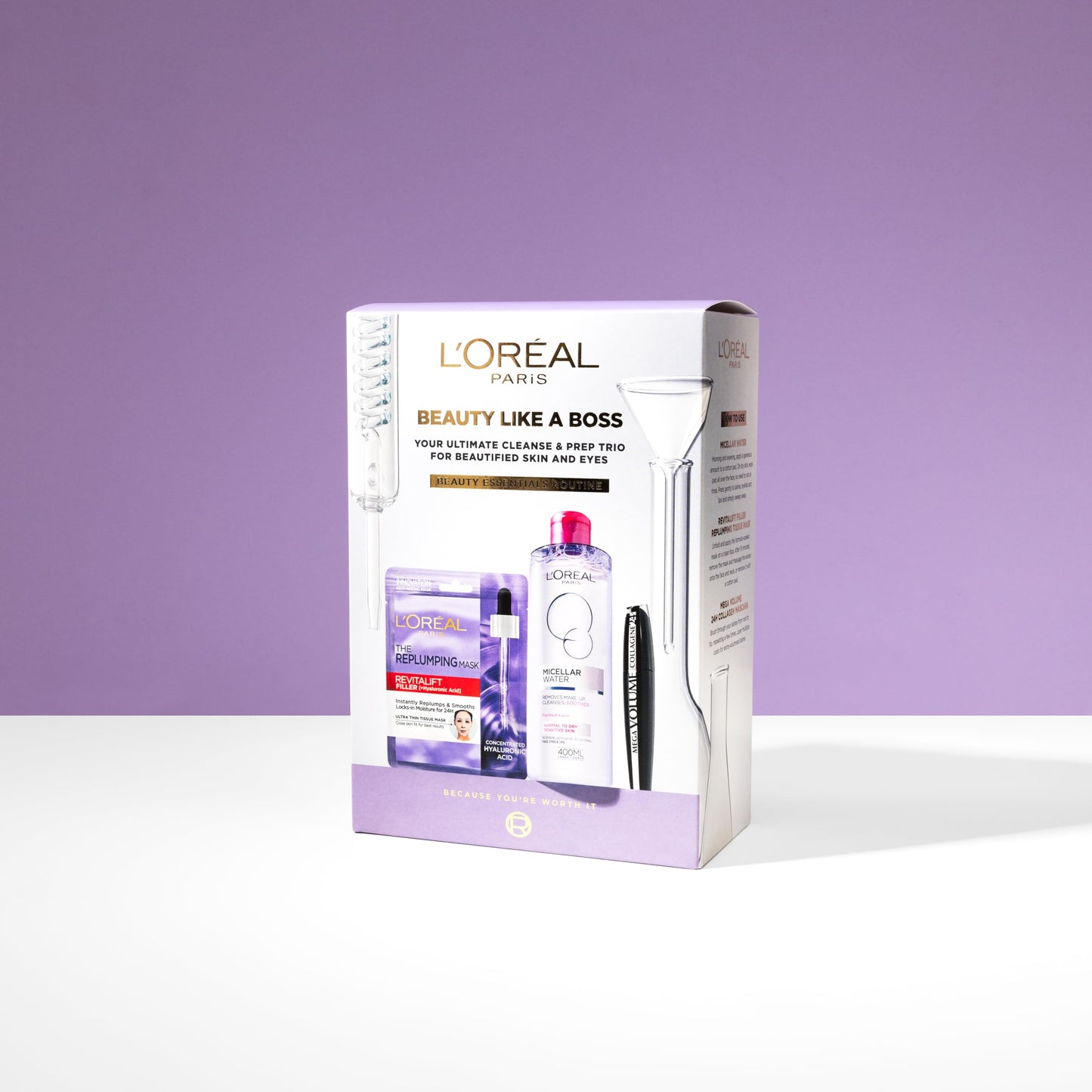 L'Oréal Paris Beauty Like A Boss Gift Set - Revitalift Filler Hyaluronic Acid Mask, Micellar Water & Mega Volume Mascara Brush