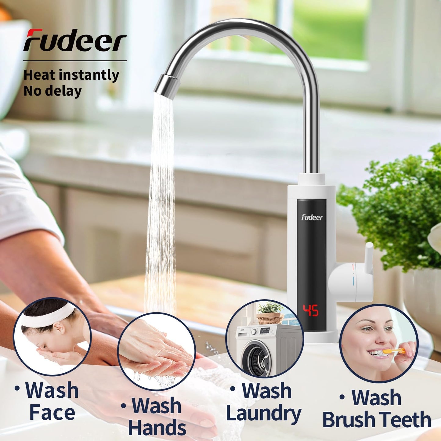 Fudeer 3.3Kw Instant Hot Water Tap,220V ABS Electric Hot Water Faucet for Kitchen, 360 Degree Rotate Warm Water Tap with Digital Display 30-45℃(White)