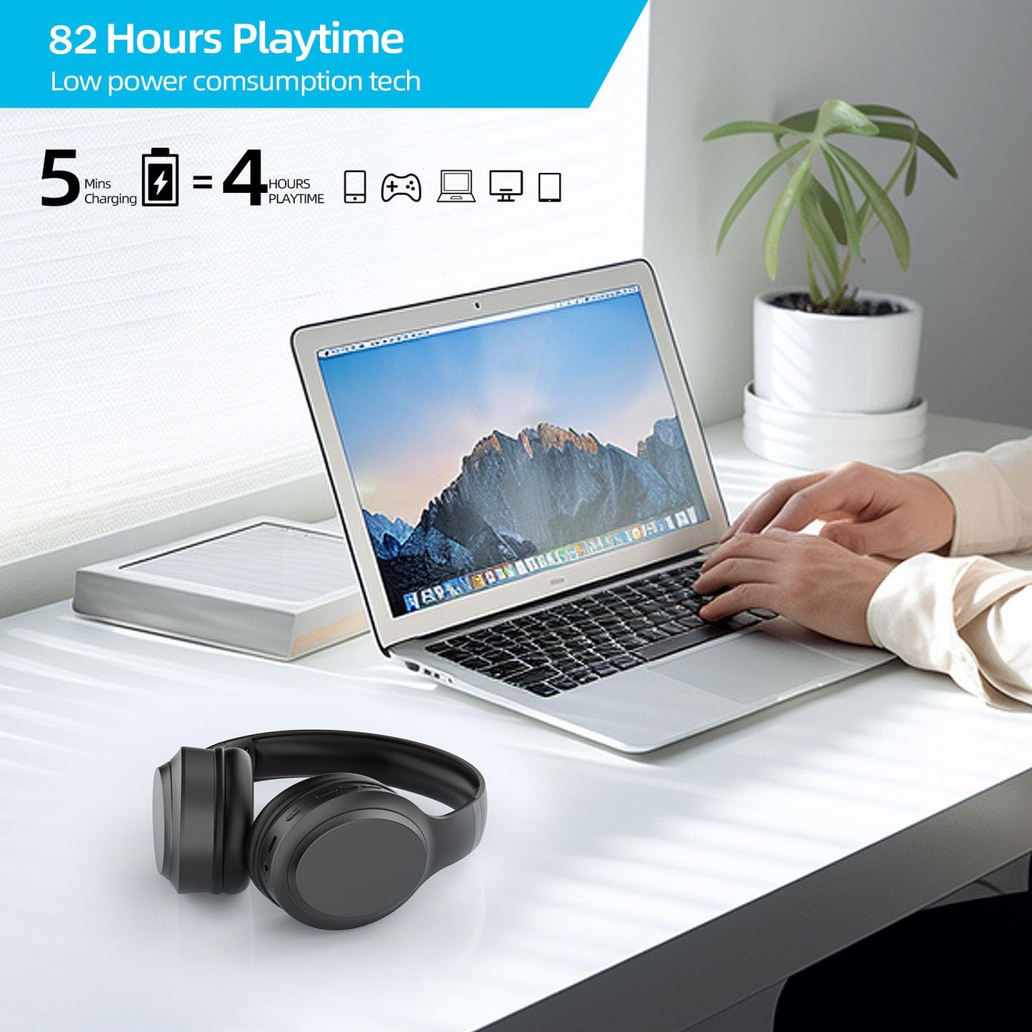 MOXYOY Bluetooth Headphones Over Ear, 82H Playtime, 3EQ Hi-Fi Sound Modes, Foldable Wireless Headphones, Lightweight Over Ear Headphones with Microphone for PC/Travel/Gaming/Office