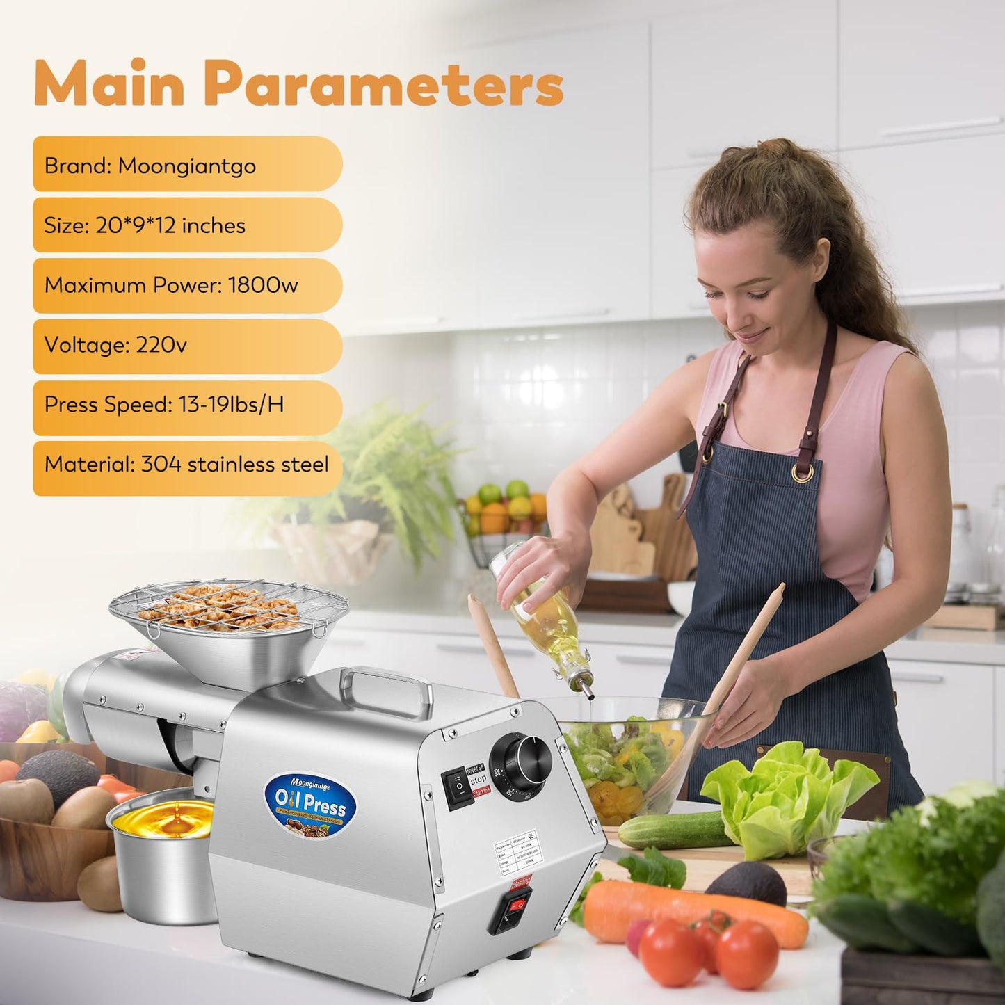 Moongiantgo 1800w Intelligent Oil Press Machine, Cold/Hot Stainless Steel Organic Oil Expeller with Smart Temperature Control, Extended Rod, Low Noise for Peanut, Walnut, Sesame(No Olive), 13-19lbs/H