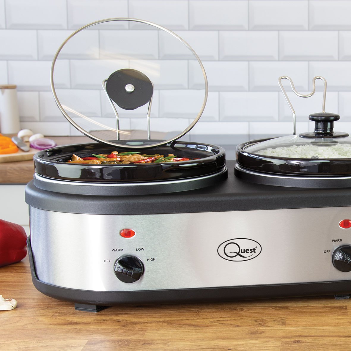 Quest Triple Slow Cooker, Buffet Server & Food Warmer, 7.5L Total Capacity - 3x 2.5 Litre Ceramic Pots, Easy to Clean, Includes Lids & Lid Stands, 3 Heat Settings