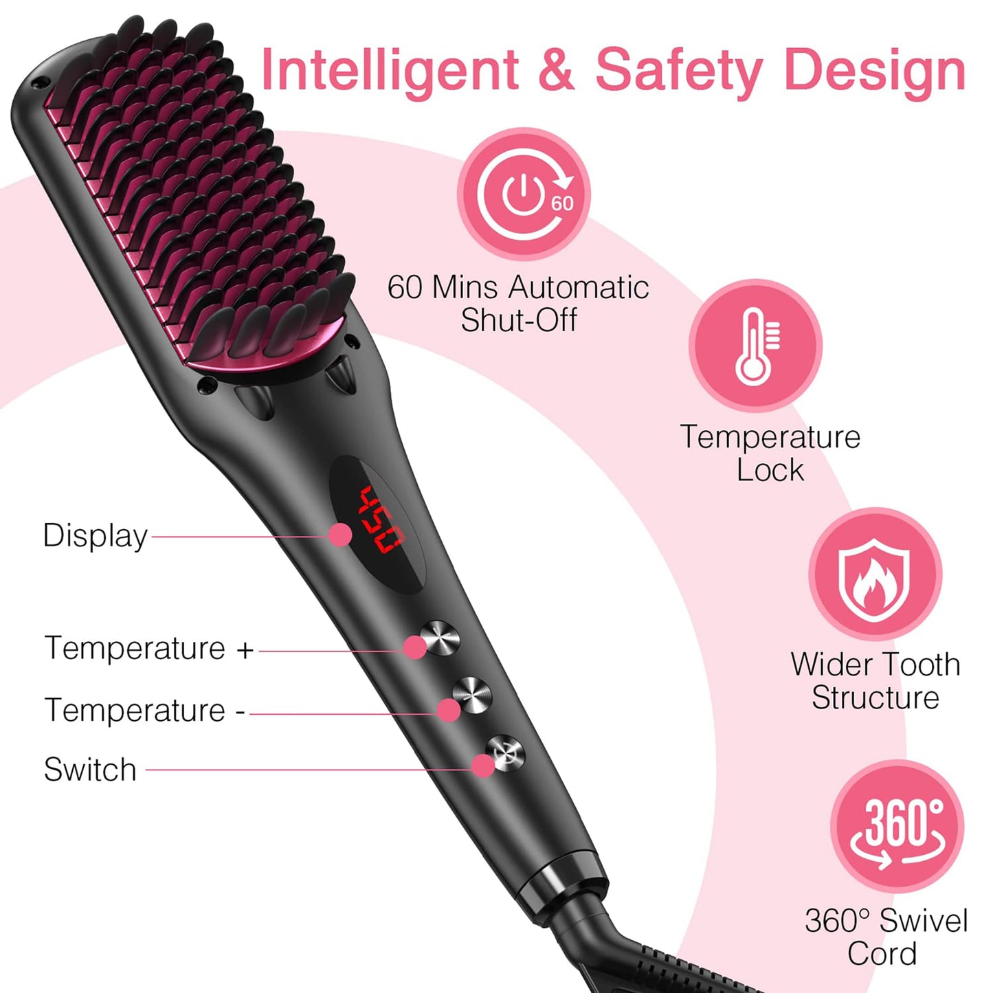 MiroPure 2 in 1 Ionic Hair Straightener Brush Hot Comb MCH Heating Smoothing Brush with 16 Settings, Dual Voltage