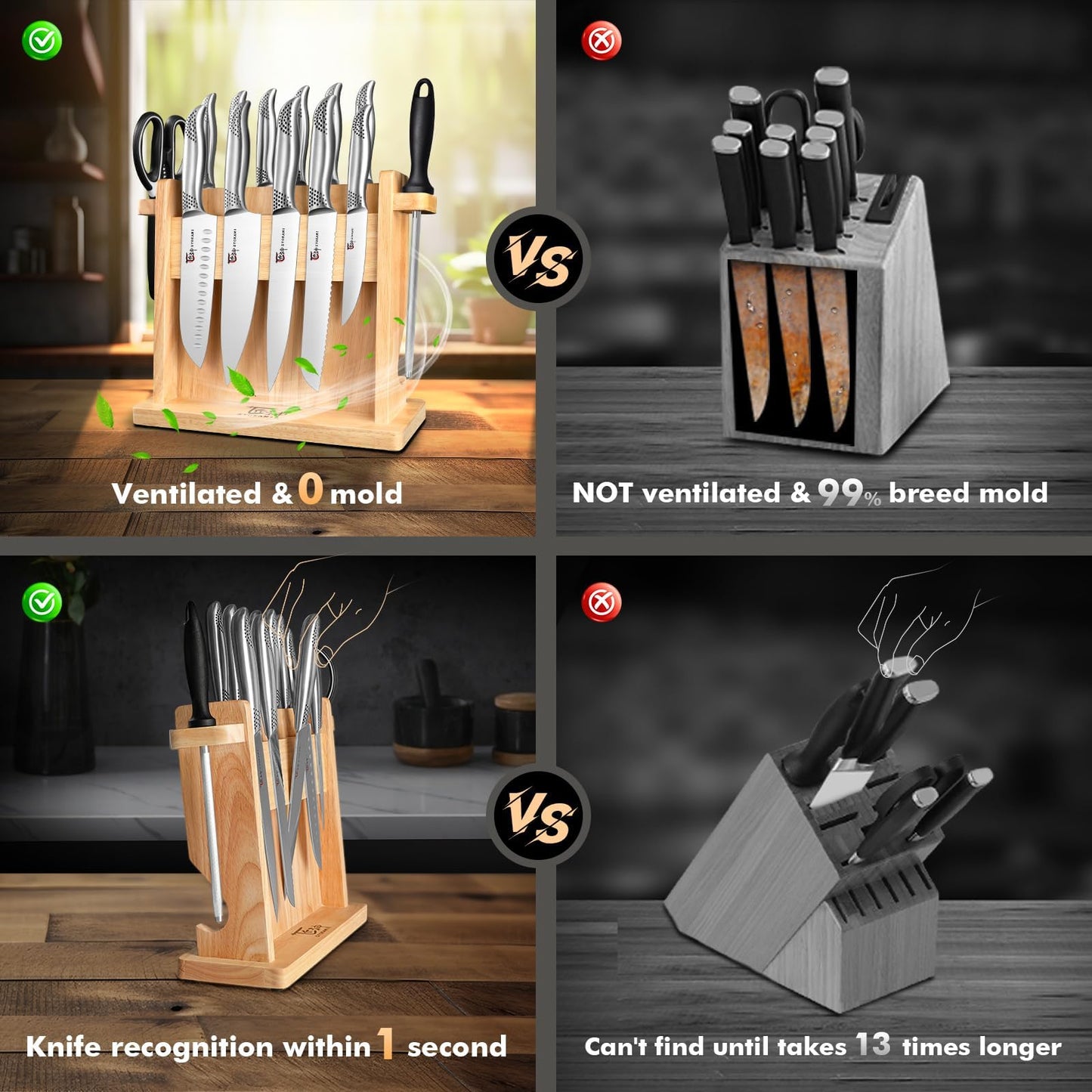 Kitchen Knife Set, Japanese Sharp Chef Knife Sets with Magnetic Holder, 14 Piece Professional High Carbon Stainless Steel Knives Block Sets with Sharpener, Ergonomic Handle, Shears, Black Dot