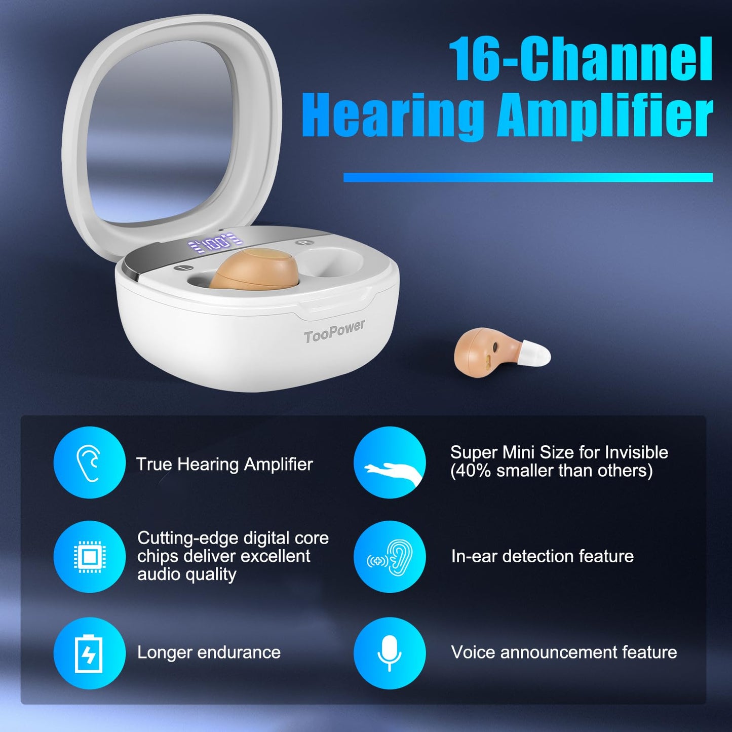 Hearing Amplifiers for Seniors & Adults Invisible Mini Latest 16-Channel Digital Rechargeable Hearing Amplifiers with Intelligent Noise Reduction,Voice Broadcast,3 Modes,5 Levels of Volume Adjustment