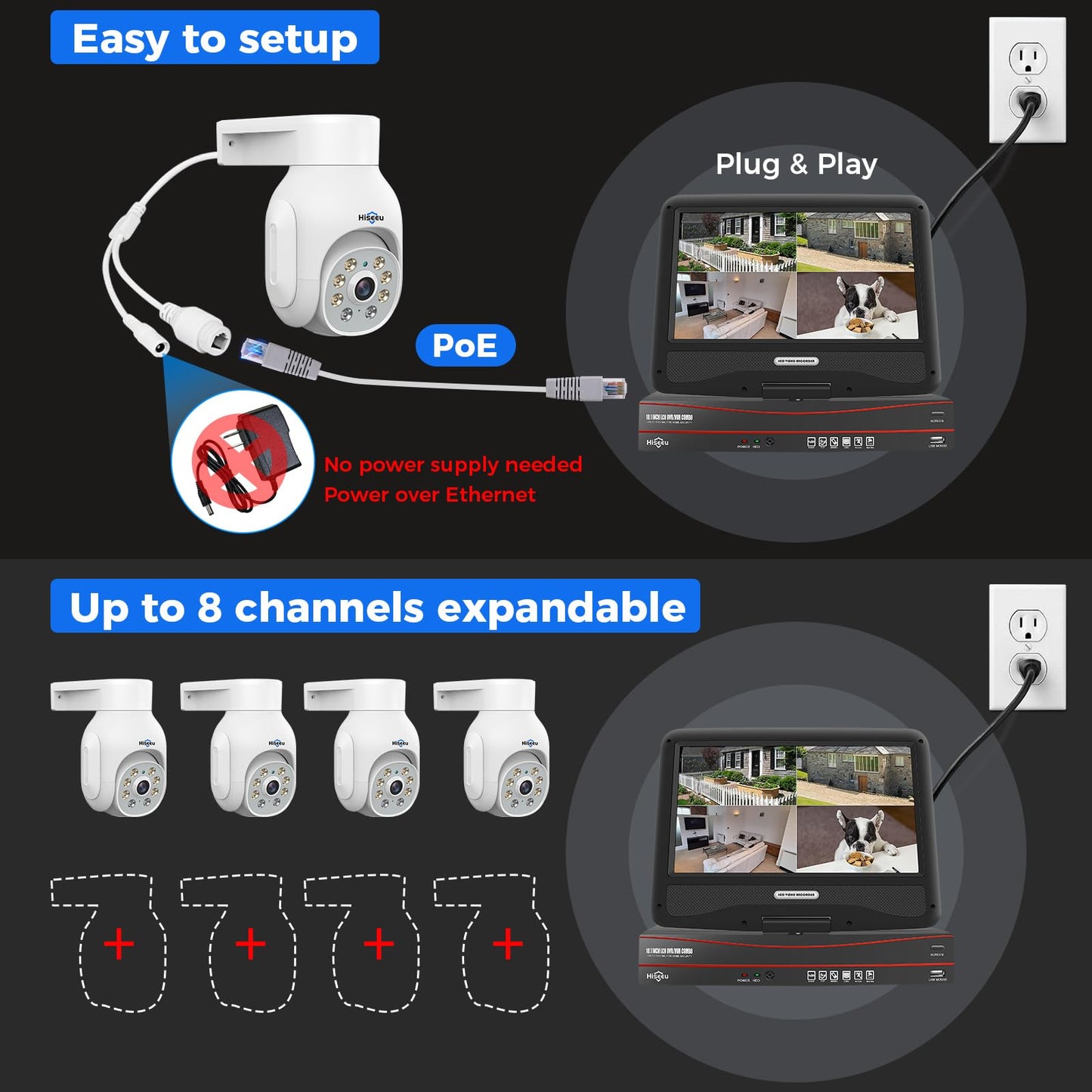 Hiseeu 【5MP+PTZ】 5MP PoE CCTV Security Camera System,10'' LCD Monitor with 8CH NVR,4X5MP PoE PTZ Camera with Color Night Vision IP66 Waterproof Remote Access Two-way Audio