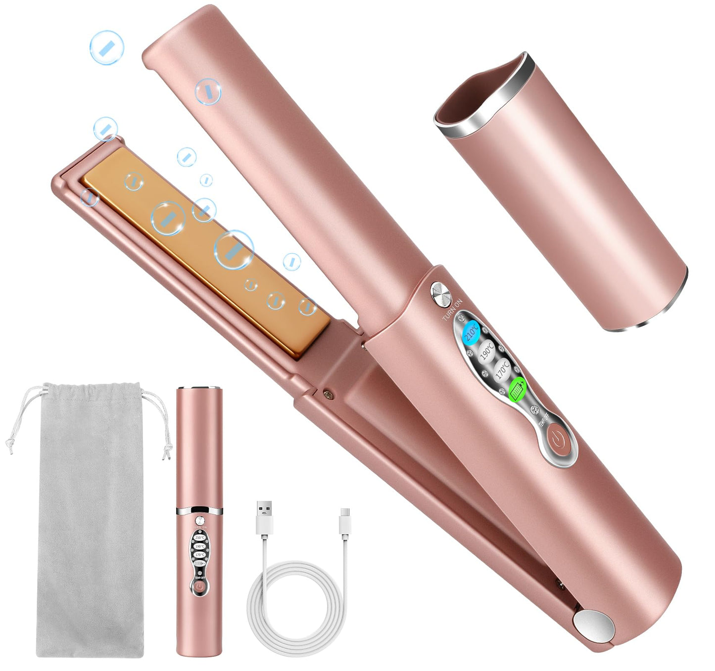 Cordless Titanium Hair Straightener and Curler w Cover, Portable USB Rechargeable Fast Heat Up Flat Iron Travel Size with 5V/5000mAh Battery, Anti-Scald 3-Level for Smooth, Swift and Glossy Hair(Pink