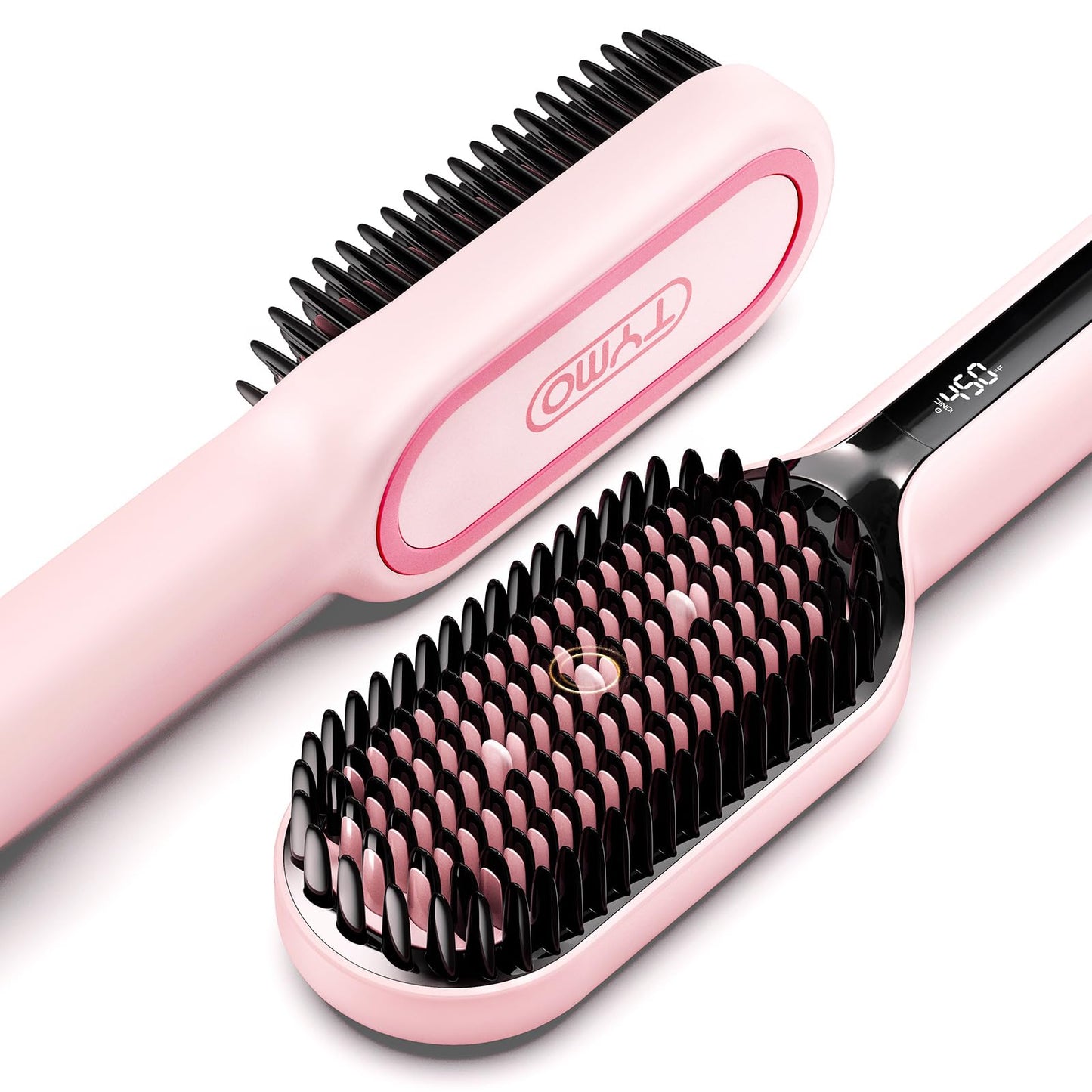 TYMO Ionic Plus Hair Straightener Brush UK, Upgraded Straightening Brush with Dense Bristles for Thick Hair, 16 Temps (80℃~230℃) LED Display, 10 Million ions, Dual Voltage, Hot Brush for Women (Pink)