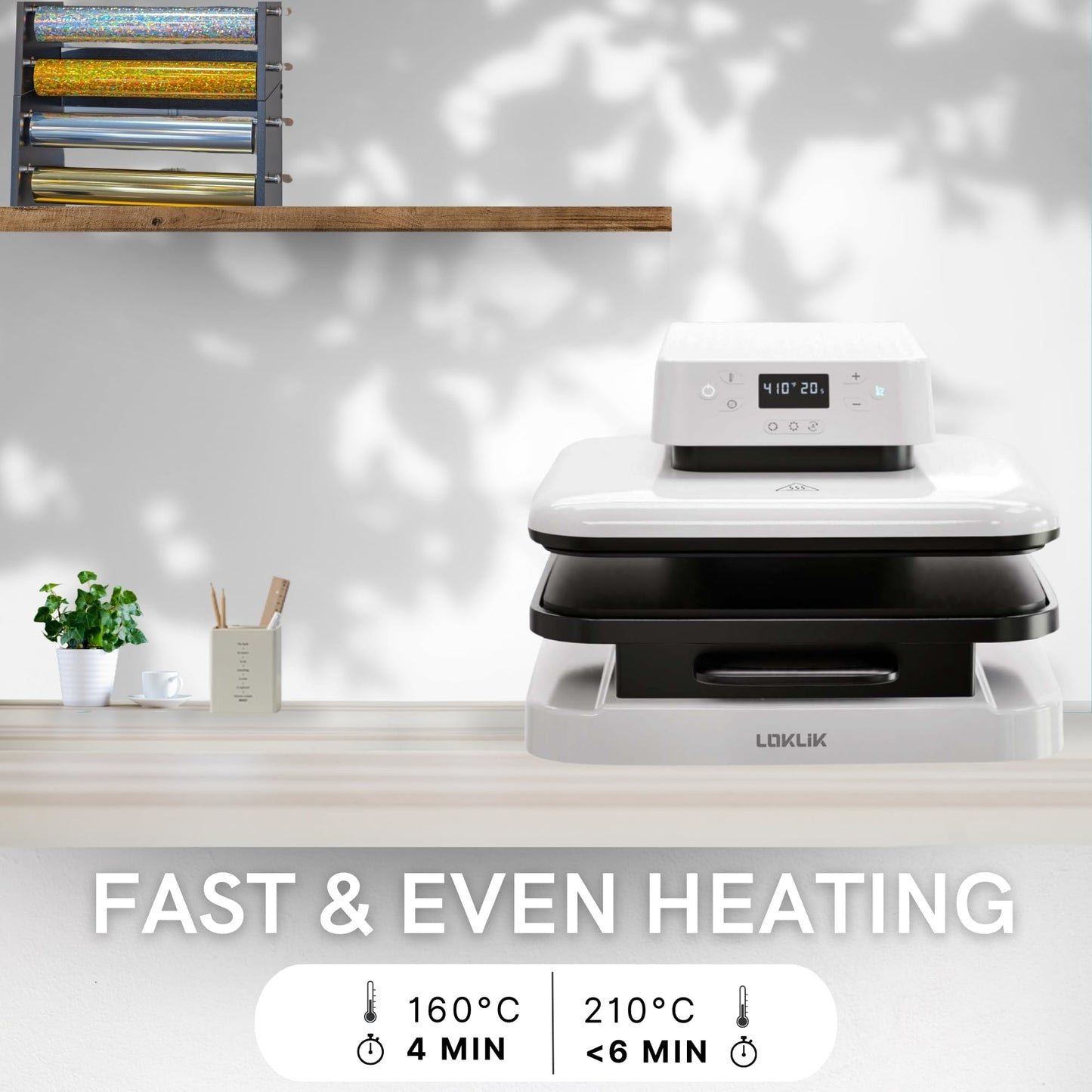 LOKLIK Auto Heat Press Machine - Printing Machine for Sublimation Printing with Large 38cm Plate - HTV Heat Transfer Vinyl Sublimation Press, Perfect for T Shirts/Fabric/Clothes - White