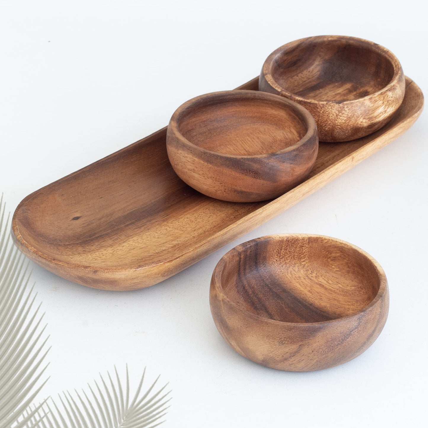 cintika Hand-Carved Set of 4 Acacia Calabash Bowls with Baguette Tray. Durable Wooden Bowl Set. Snack, nut, dip bowl. - Wooden Dinnerware set. 4" Round Wooden Bowls - 13" Wooden Tray