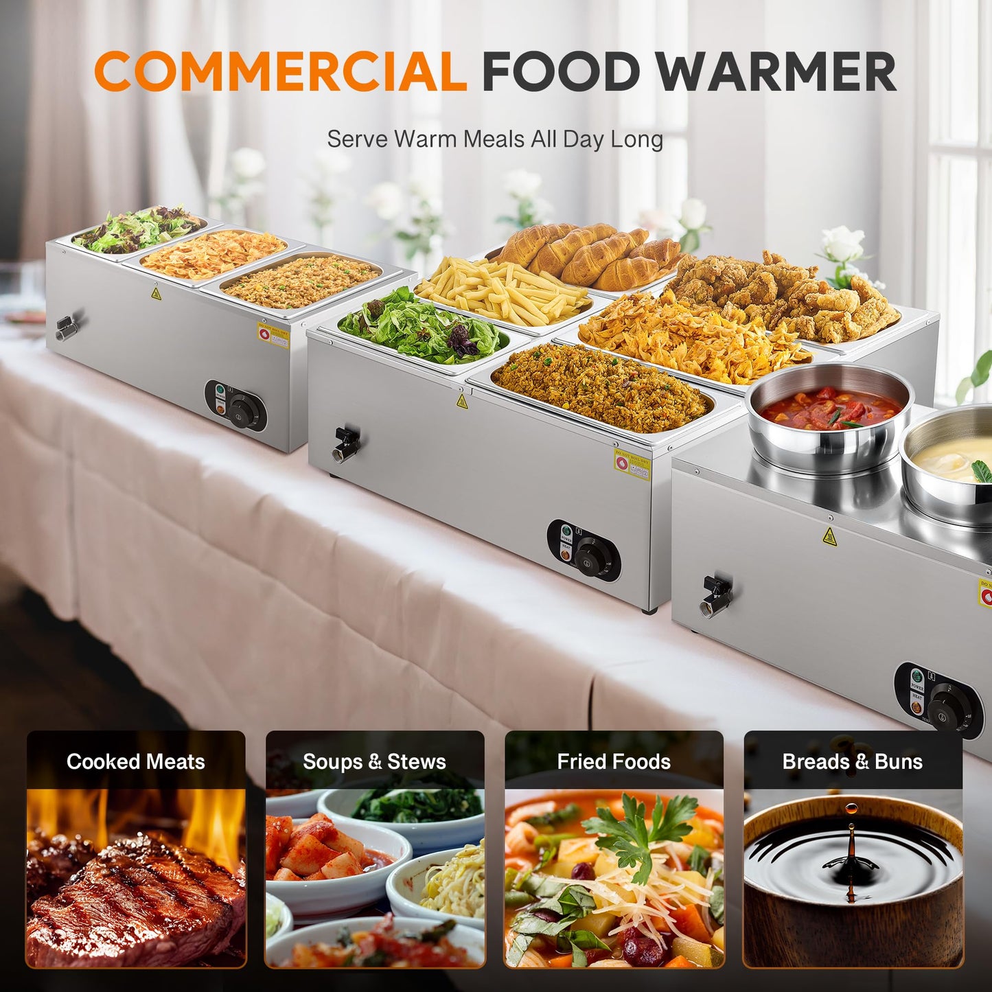 WILPREP Commercial Electric Food Warmer, 36L Large Buffet Server with 6 Pans and Lids for Catering Restaurants Parties, 1500W Stainless Steel Bain Marie with Adjustable Temp & Automatic Shutoff