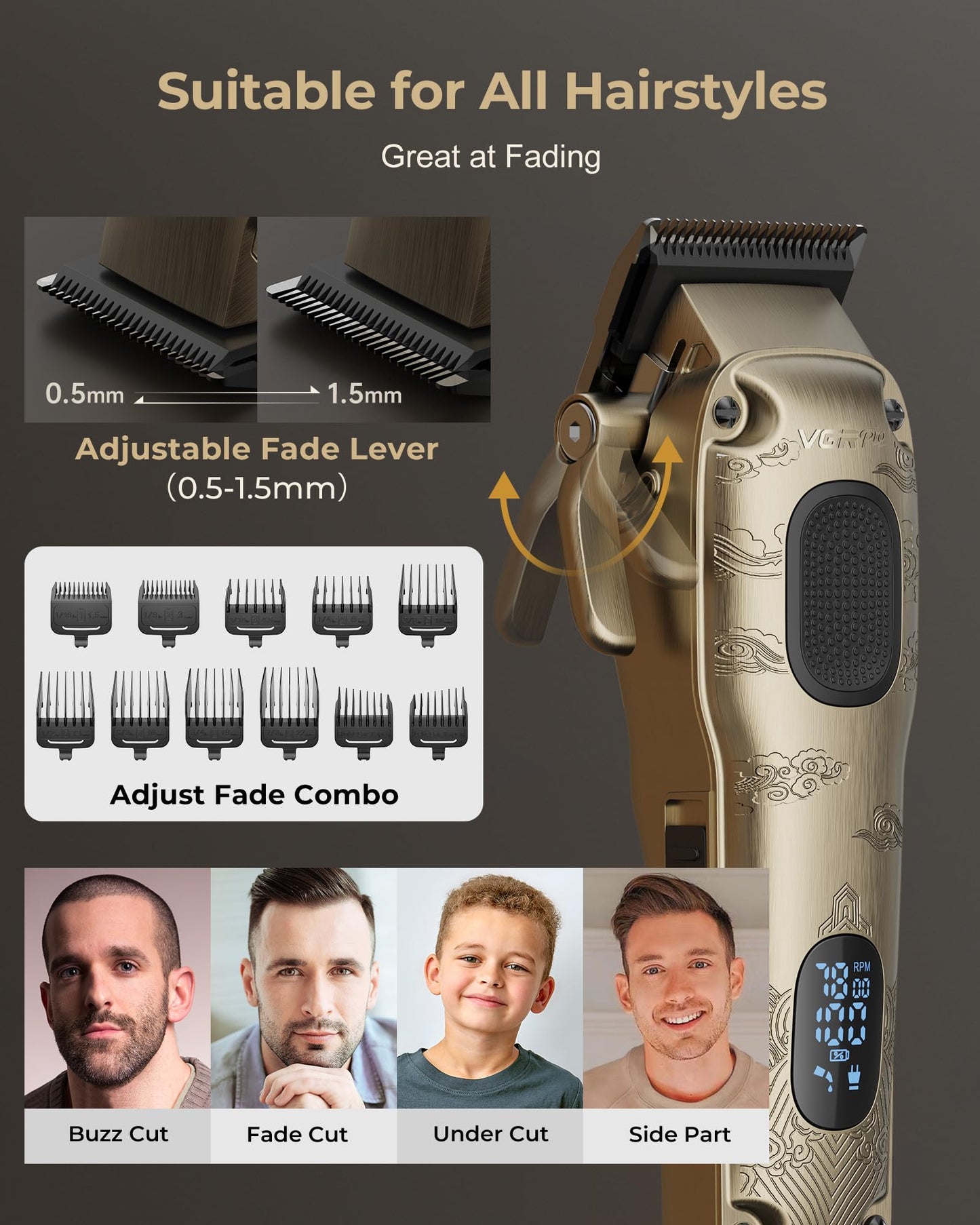 Vgrpro Hair Clippers Men Professional,Mens Clippers and Trimmers Set, USB Rechargeable Cordless Hair Clippers for Hair Cutting, Electric T-Blade Hair Trimmer for Men with Package Box (Gloden)