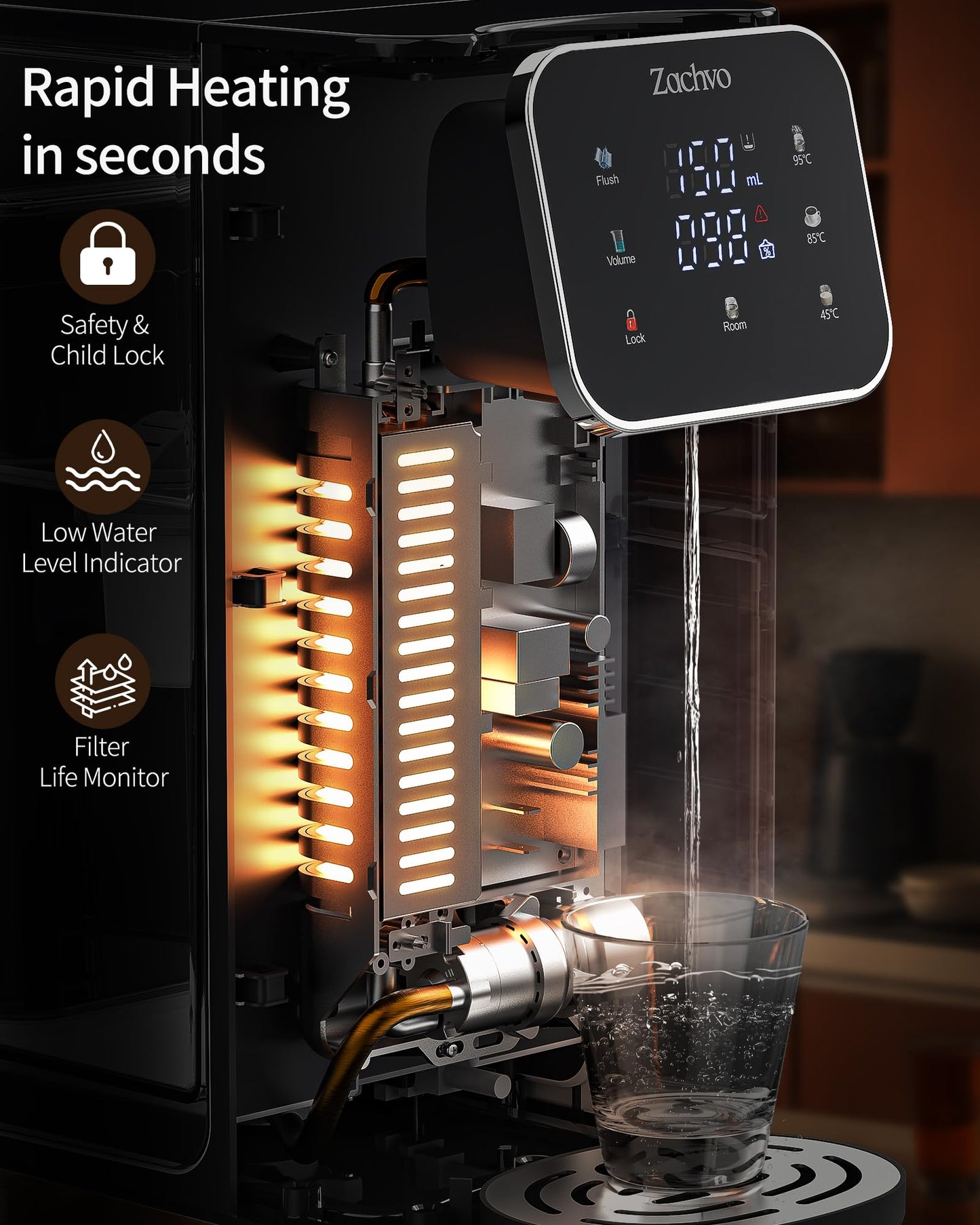 ZACHVO Hot Water Dispenser UR05 with Filter, 2200W Fast Heating, 4 Temperature Settings, 4L Removable Tank, 3 Water Volume Options, Compact & Energy Efficient, Ideal for Kitchen, Office & Home