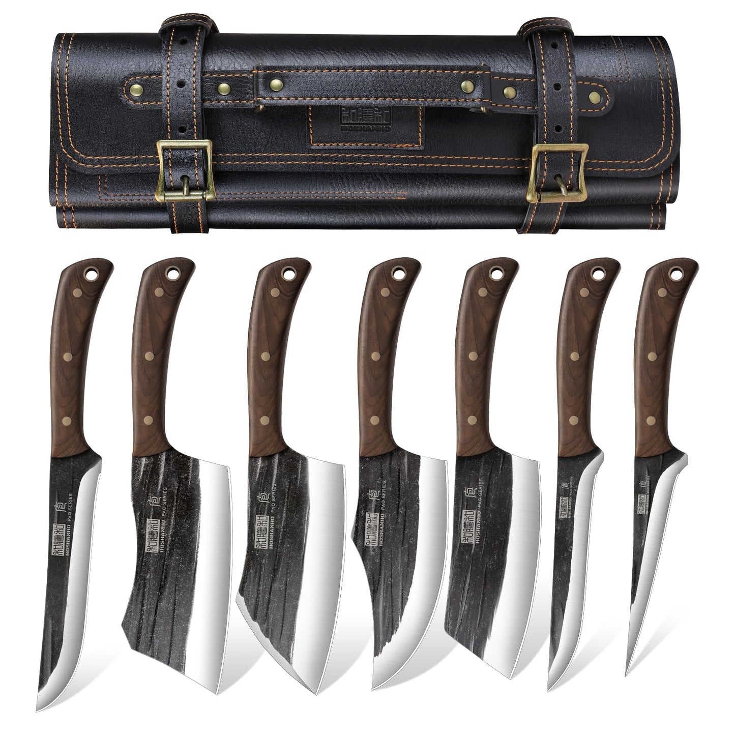 HOSHANHO Butcher Knife Set, Hand Forged Butcher Chef Knife Set with Roll Bag, Sharp Meat Cleaver Bone Chopper Fillet Knife for Home & Camping & BBQ Gift for Men