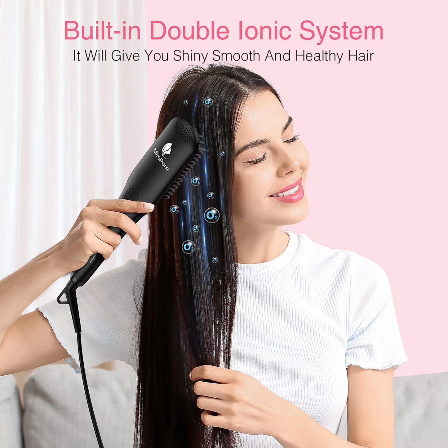 MiroPure 2 in 1 Ionic Hair Straightener Brush Hot Comb MCH Heating Smoothing Brush with 16 Settings, Dual Voltage