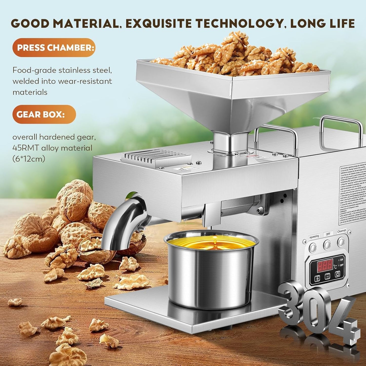 CGOLDENWALL 3000W Commercial Oil Press Machine Oil Extractor Expeller with Intelligent Temperature Controller/Industrial Motor/All Stainless Steel (3000W)
