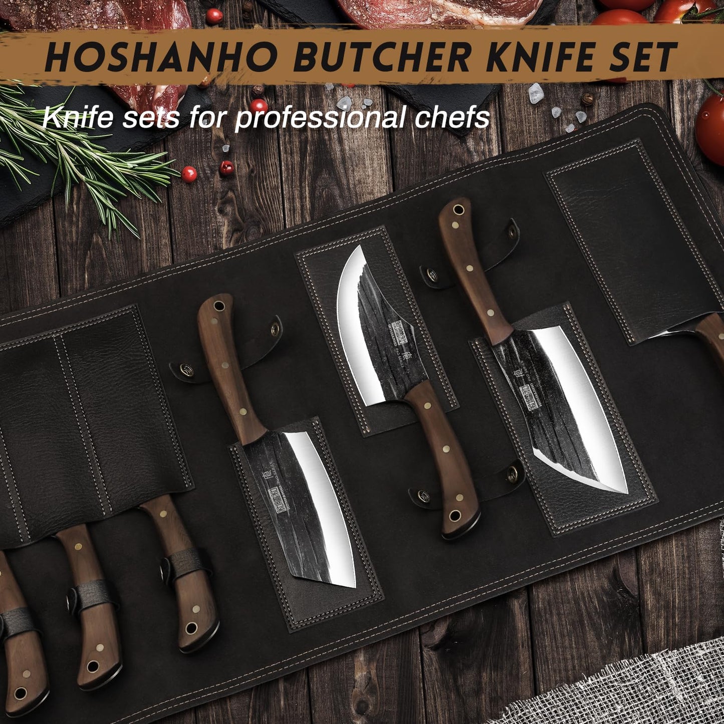 HOSHANHO Butcher Knife Set, Hand Forged Butcher Chef Knife Set with Roll Bag, Sharp Meat Cleaver Bone Chopper Fillet Knife for Home & Camping & BBQ Gift for Men