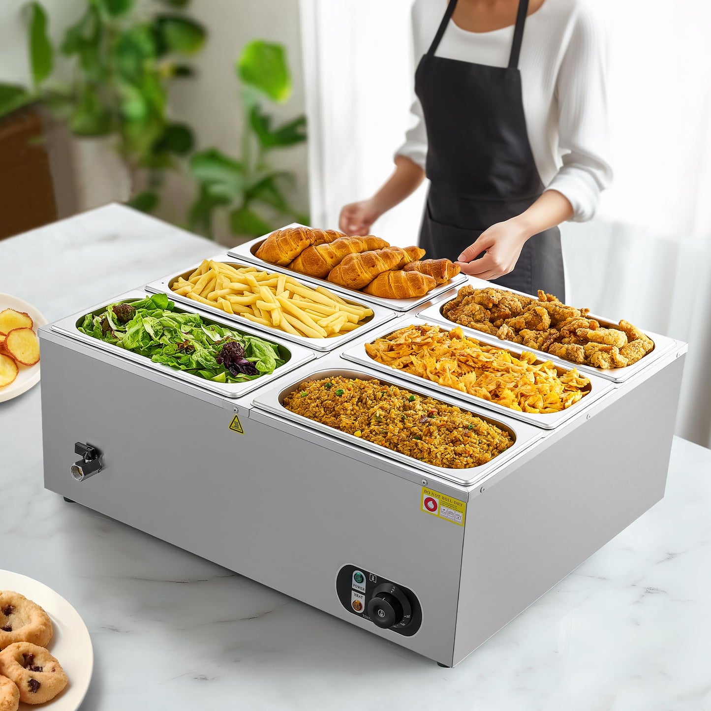 WILPREP Commercial Electric Food Warmer, 36L Large Buffet Server with 6 Pans and Lids for Catering Restaurants Parties, 1500W Stainless Steel Bain Marie with Adjustable Temp & Automatic Shutoff