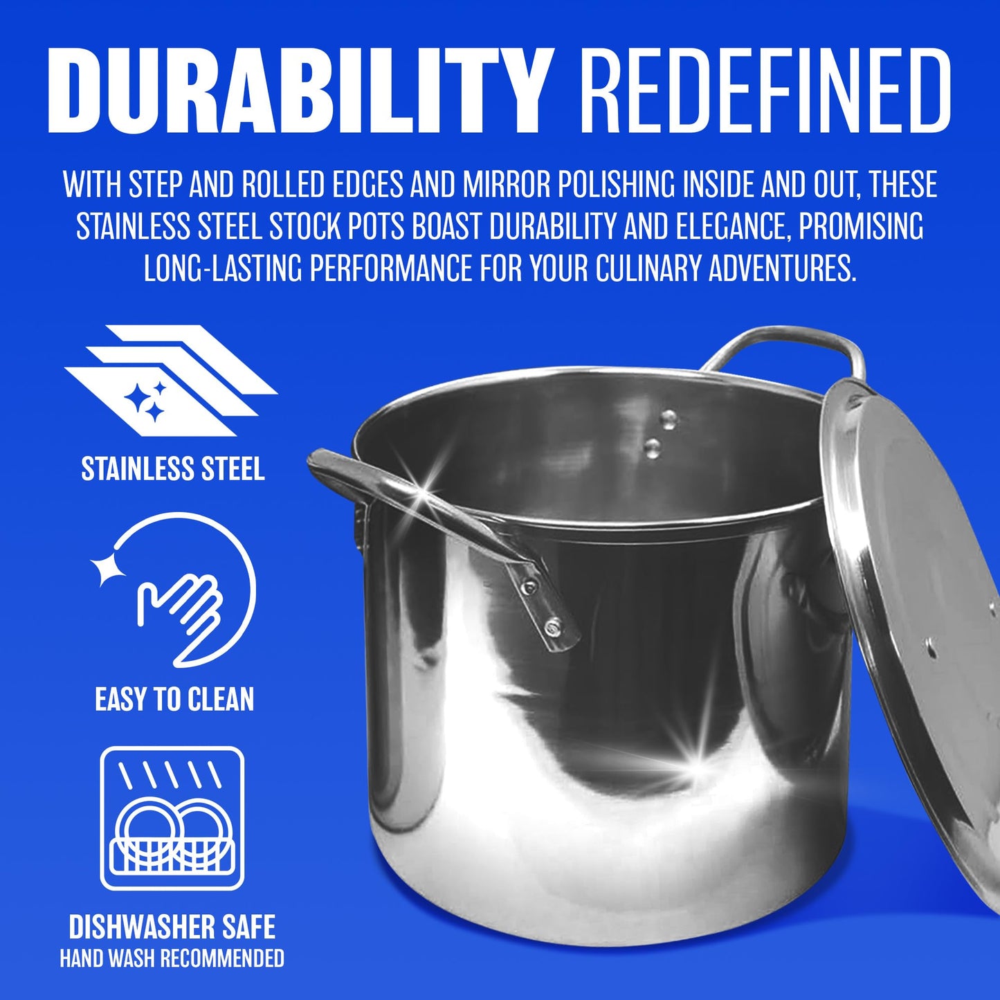4pc Large Stainless Steel Catering Deep Stock Pots - Soup Boiling Pot | Easy to Clean | Handles for Easy Transporting | Suitable for Kitchen, Catering & Restaraunts | Durable & Long Lasting