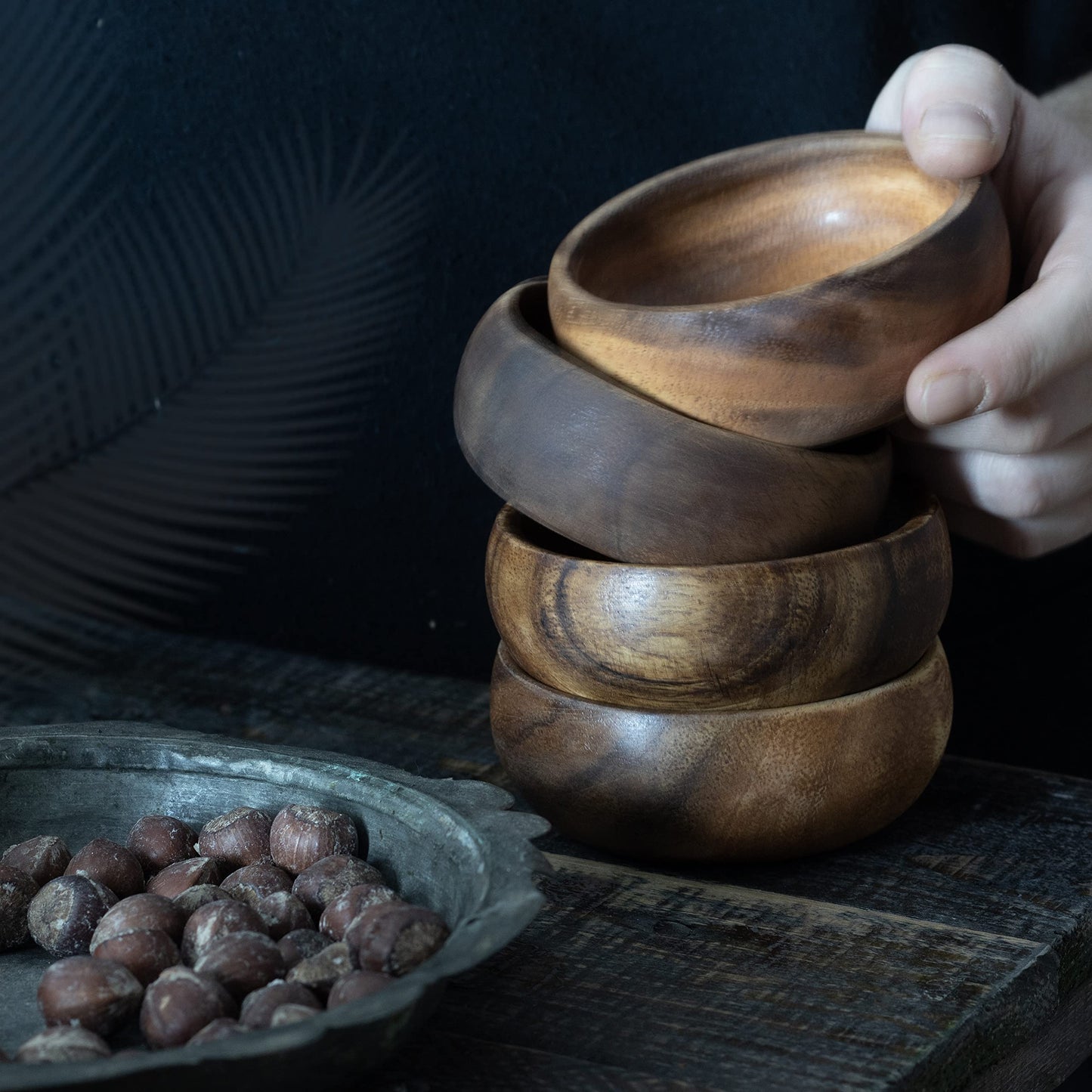 cintika Hand-Carved Set of 4 Acacia Calabash Bowls with Baguette Tray. Durable Wooden Bowl Set. Snack, nut, dip bowl. - Wooden Dinnerware set. 4" Round Wooden Bowls - 13" Wooden Tray