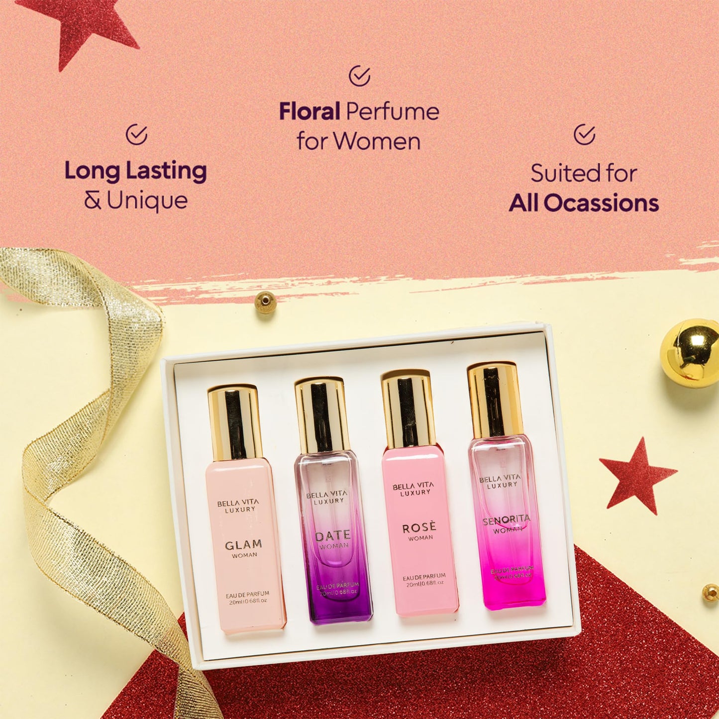 BellaVita Luxury Perfume Gift Set for Women (4x20ml) | DATE, SENORITA, GLAM, ROSE | Sweet Floral, Musk & Vanilla Perfumes | Sweet Cologne Perfume for Women | Women's Cologne & Perfume Gift Sets